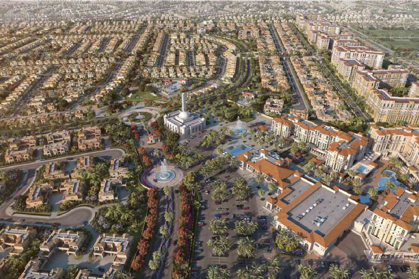 Communities Aerial view of a landscaped residential area with buildings, gardens, and a central plaza featuring fountains.