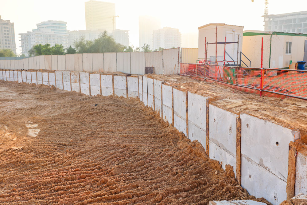 Cove Grand By Imtiaz A construction site featuring a sandy area with concrete barriers, fenced off and surrounded by buildings in the background.