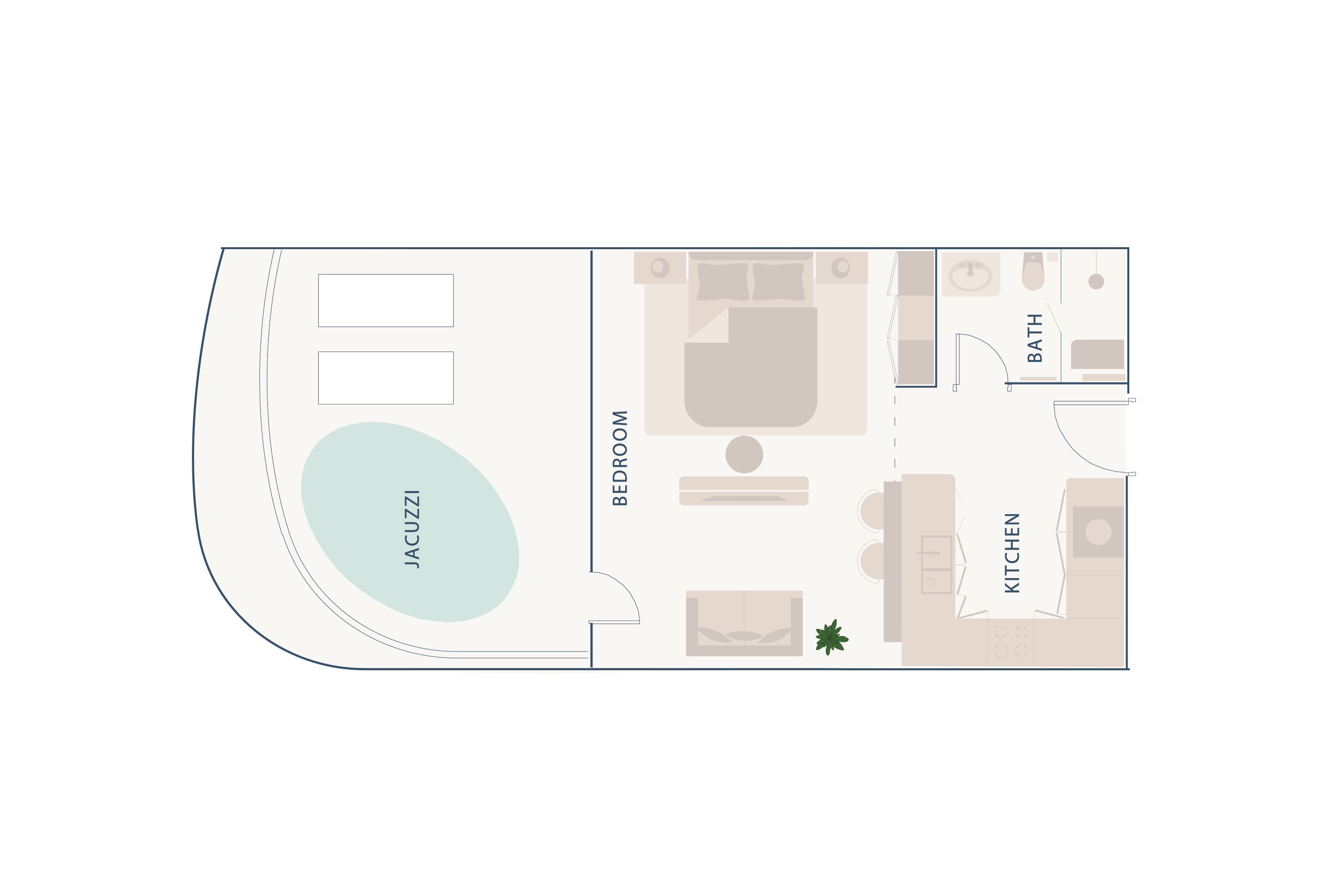 Beach Walk Residence Floor plan of a small apartment featuring a kitchen, bedroom, bath, and jacuzzi area.
