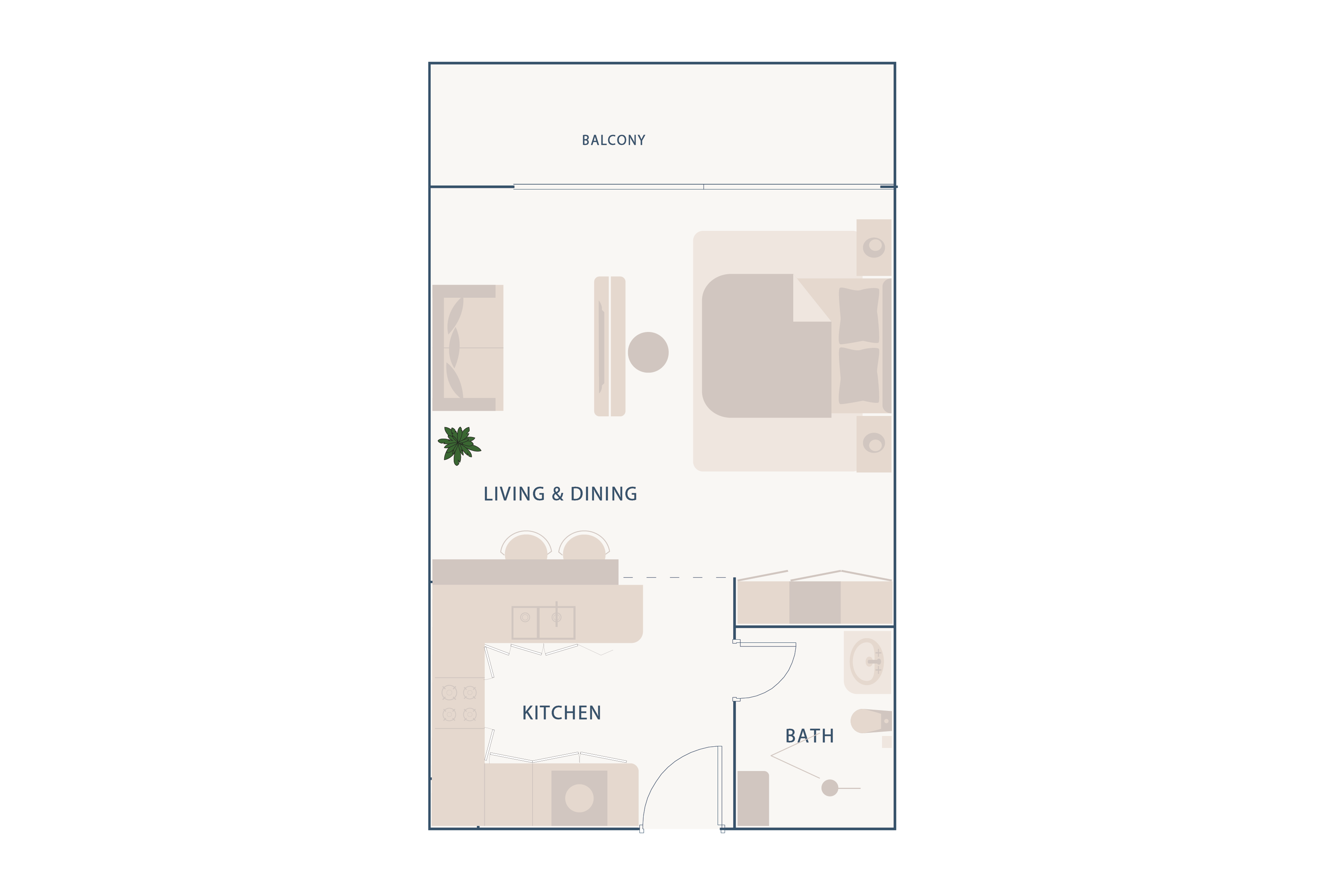 Beach Walk Residence A floor plan showing a living and dining area, kitchen, bathroom, and balcony layout in a compact design.