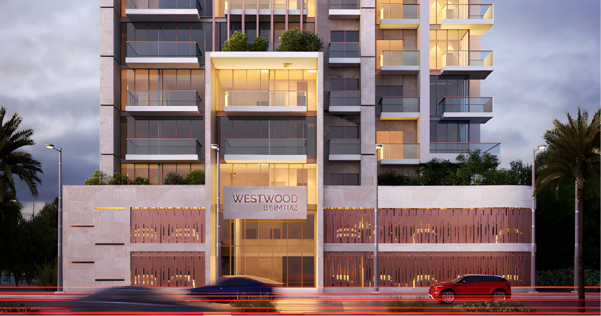 Westwood By Imtiaz Modern building facade with “WESTWOOD” signage, surrounded by palm trees and evening lighting, showcasing balconies.