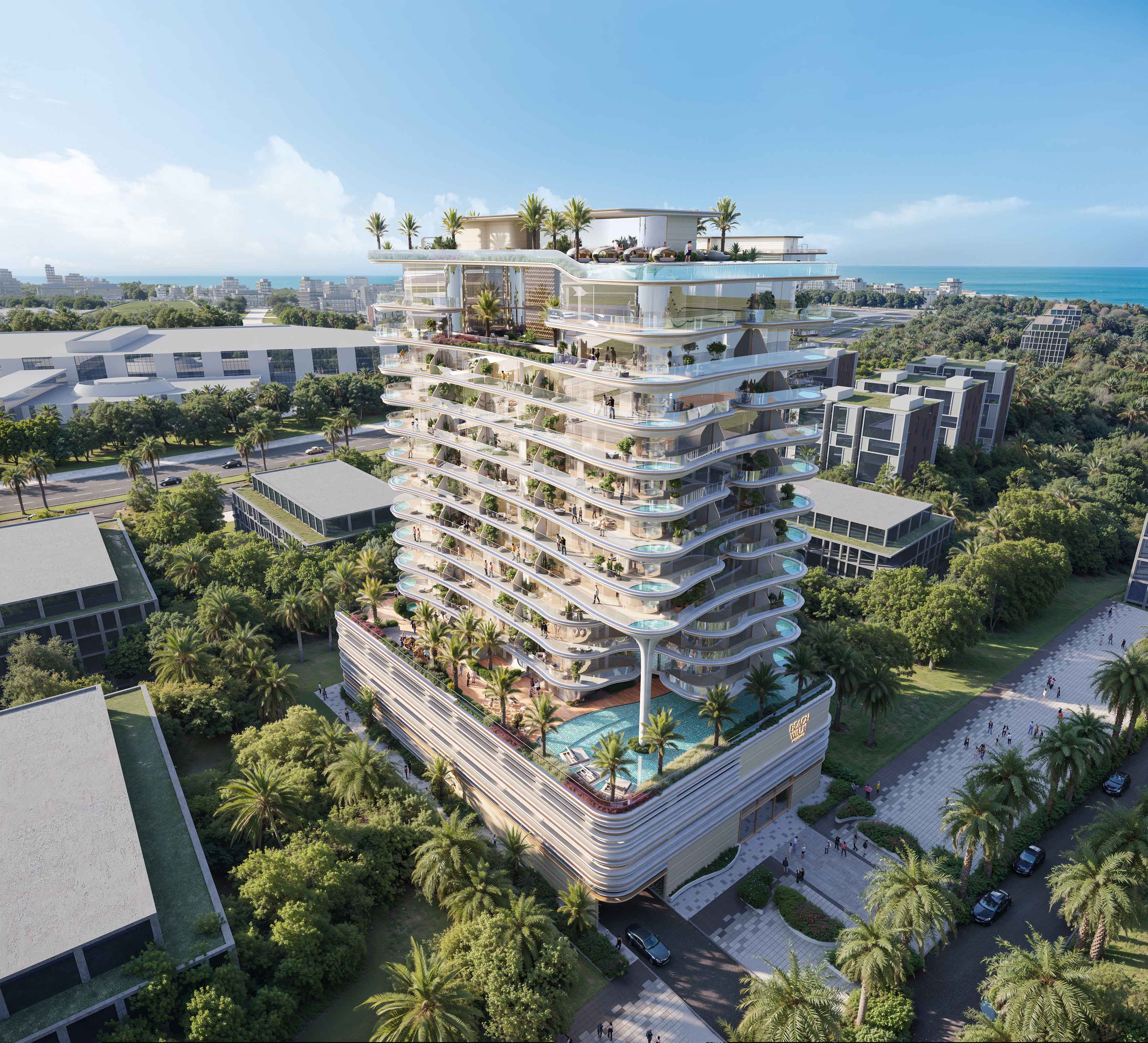 Beach Walk Residence Ii A modern multi-story building featuring balconies, a pool, greenery, and a seaside view in a sunny urban setting.