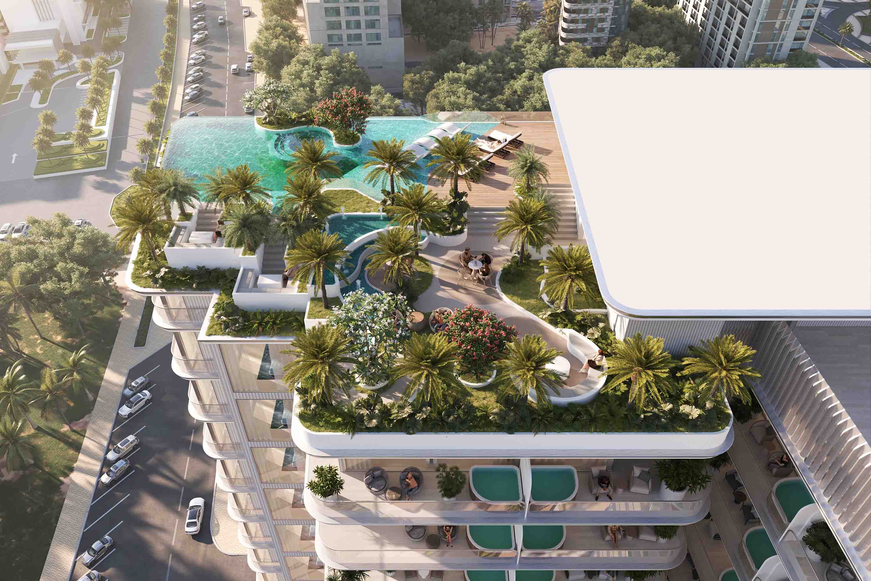 Cove Edition 4 By Imtiaz Aerial view of a modern multi-story building with lush greenery, a pool, and seating areas on a sunny day.