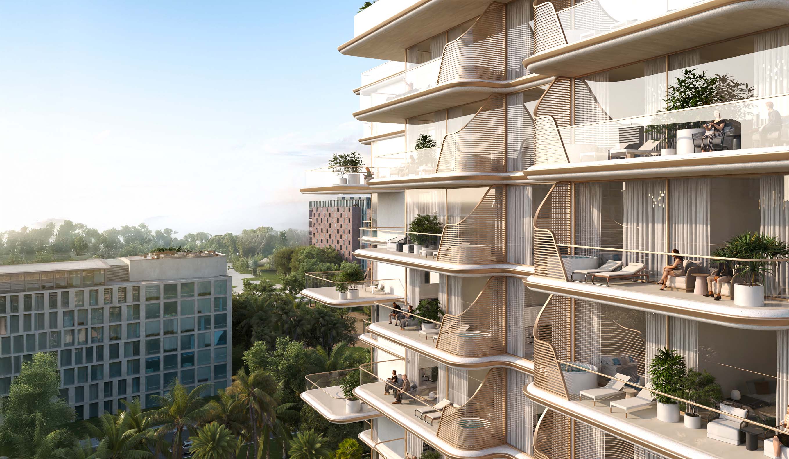 Sunset Bay 3 By Imtiaz Modern apartment building with curved balconies, greenery, and people enjoying outdoor spaces in a sunny setting.