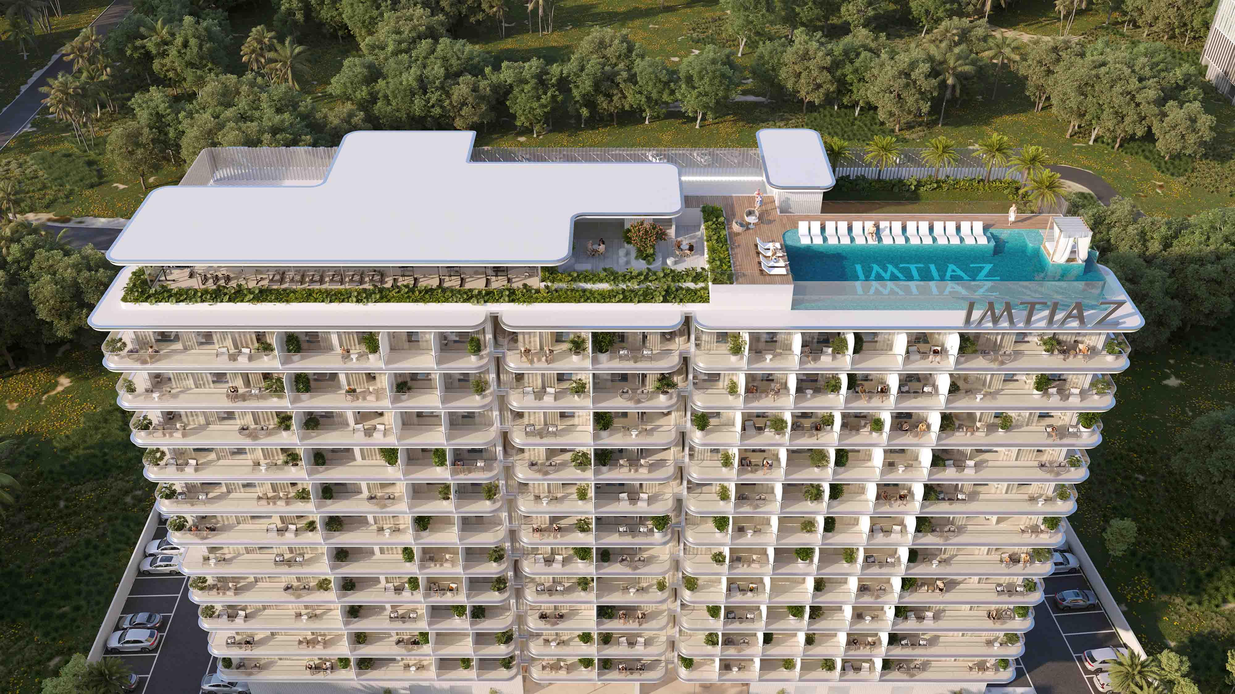 Cove Edition 6 By Imtiaz 1 Modern residential building with balconies, lush greenery, and a rooftop pool area, showcasing a contemporary design.