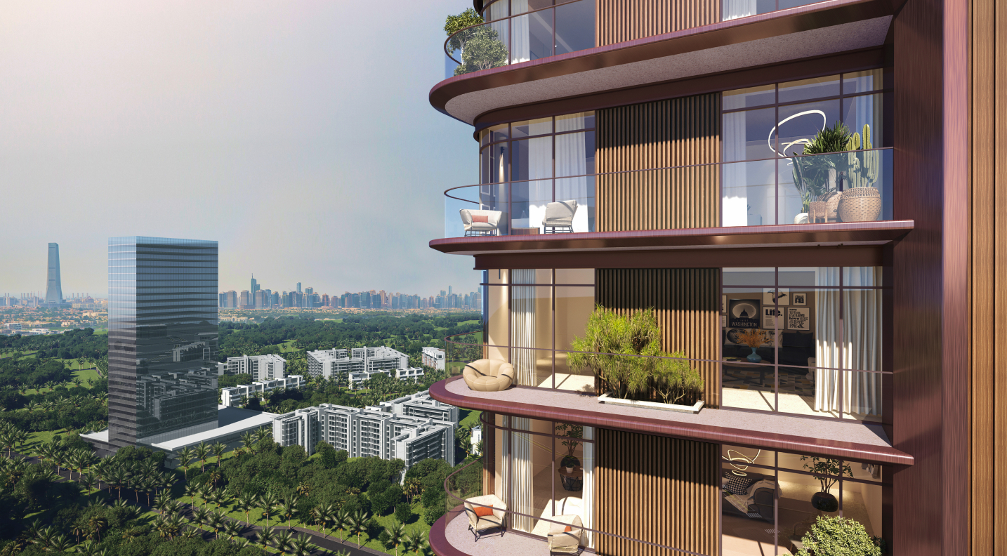 Luxor By Imtiaz Modern residential building with lush balconies overlooking a city skyline and green landscape.