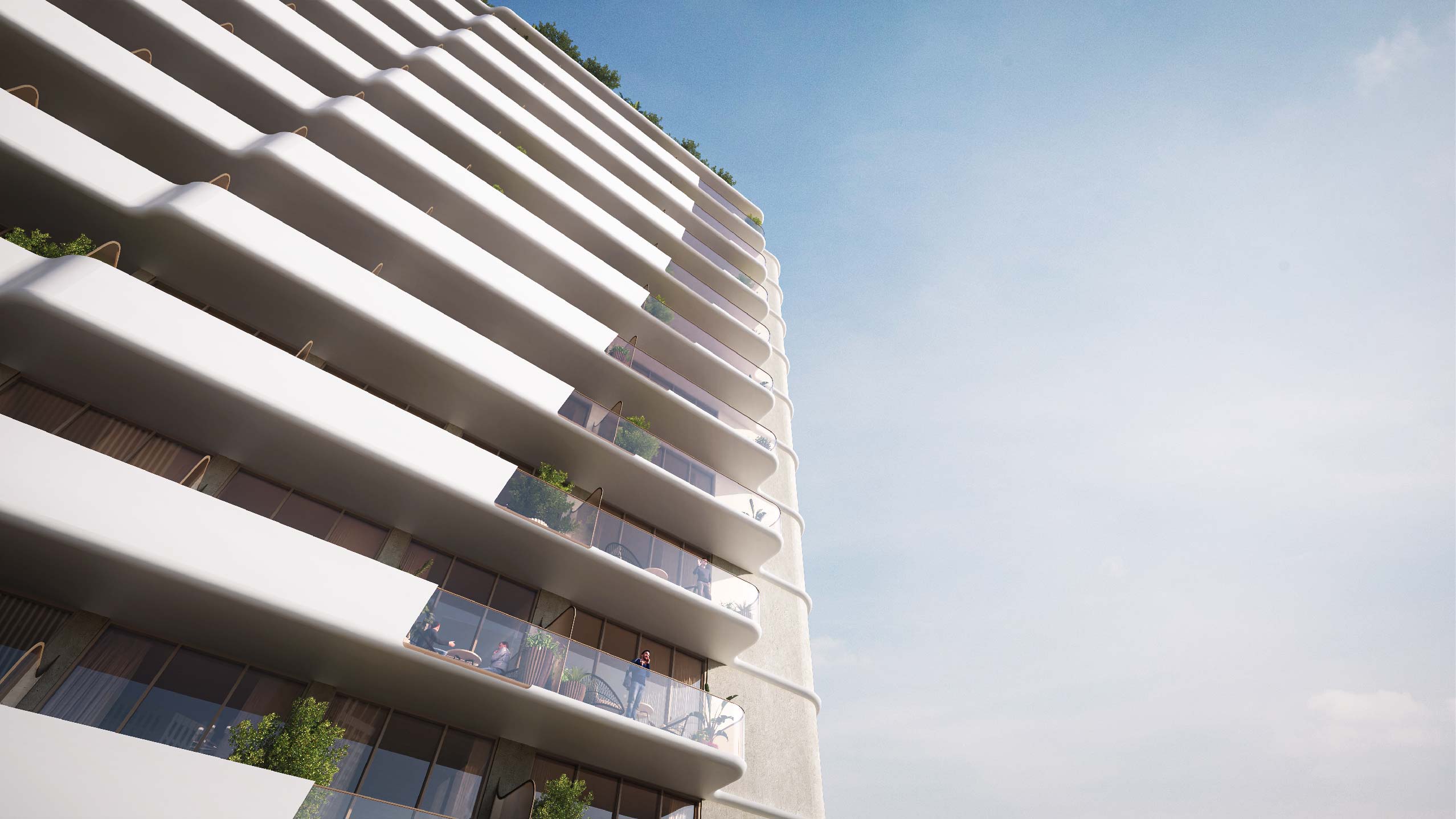 Pearl House By Imtiaz A modern residential building with wavy balconies and greenery, set against a clear blue sky.