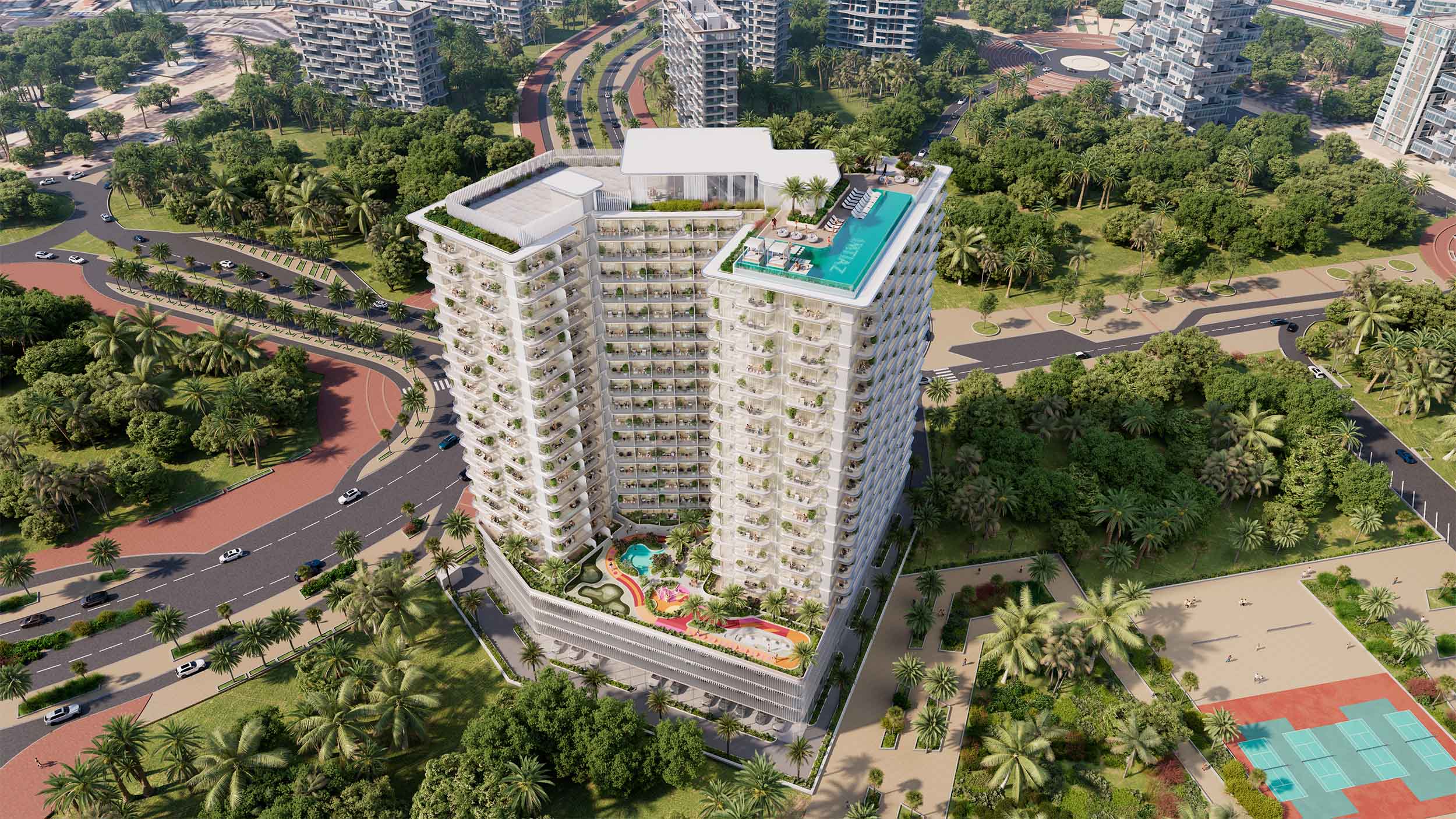 Cove Grand By Imtiaz A modern high-rise building surrounded by greenery, featuring a rooftop pool and landscaped amenities below.