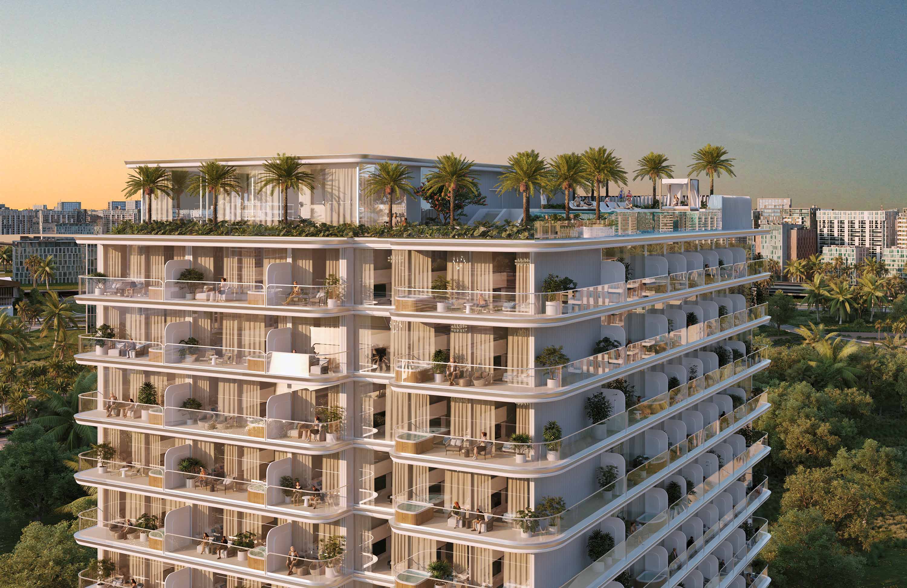 Cove Edition 5 By Imtiaz A modern apartment building with lush greenery and palm trees, featuring multiple balconies and a rooftop terrace.