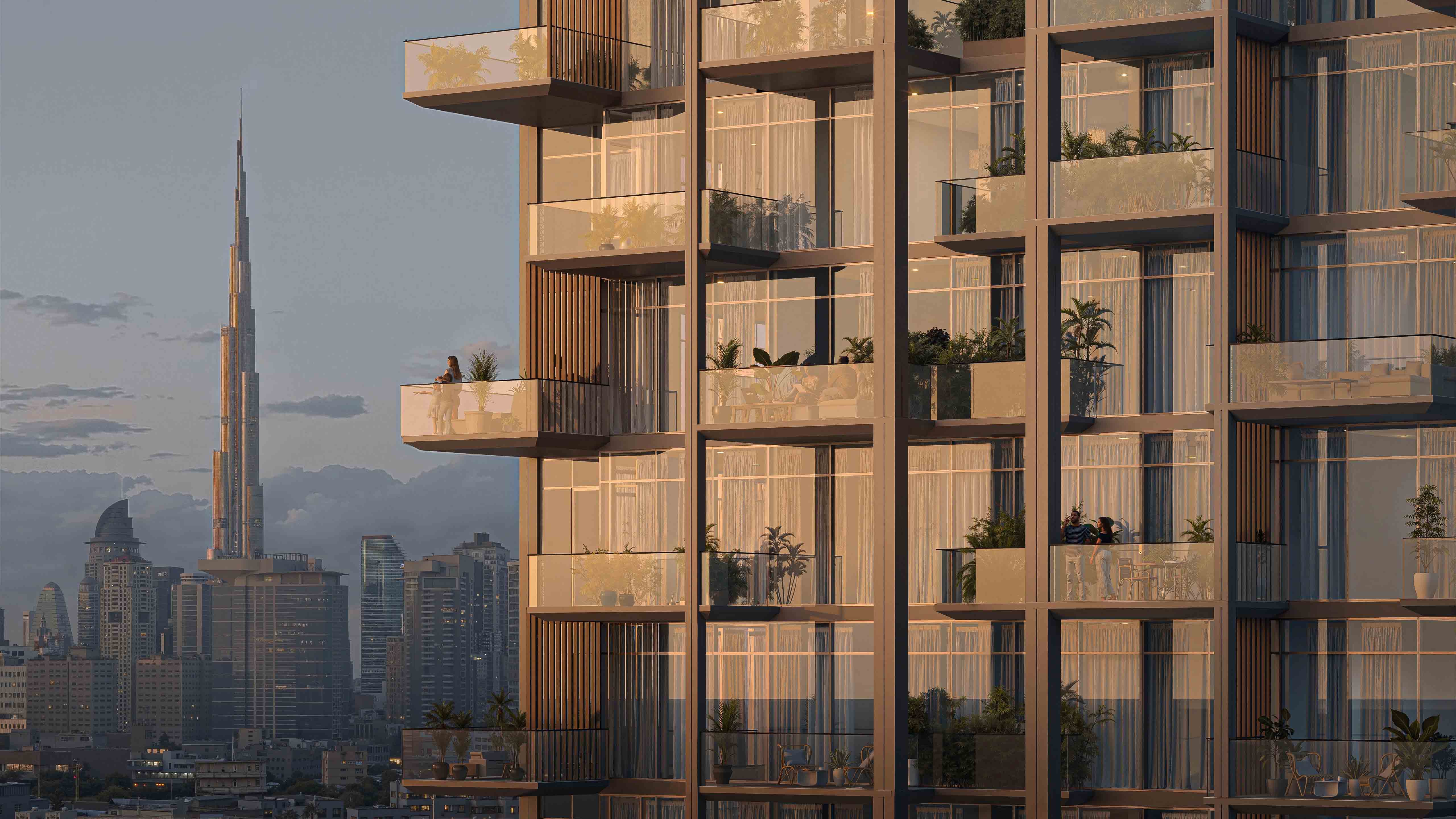 Wynwood Horizon By Imtiaz Modern residential building with balconies and plants, featuring a view of the Burj Khalifa in the background.