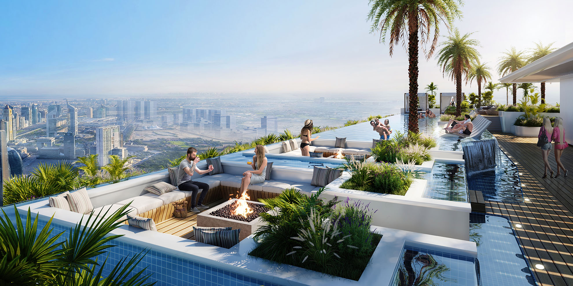 Cove By Imtiaz A luxurious rooftop setting with pools, palm trees, and people relaxing, enjoying drinks and scenic city views.