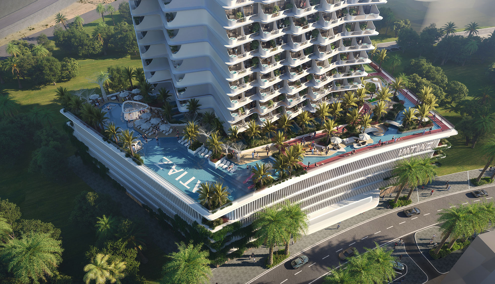 Cove By Imtiaz A modern building with balconies, a rooftop pool, and palm trees, surrounded by green landscaping and a road.