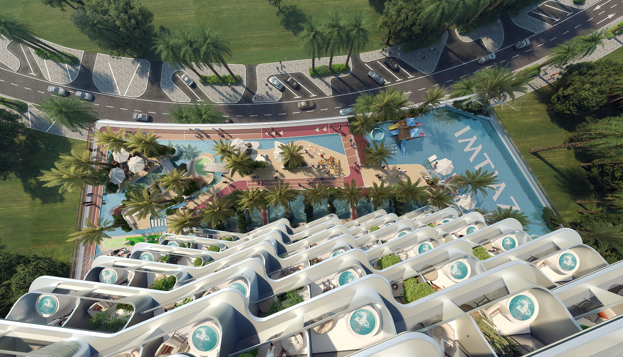 Cove By Imtiaz Aerial view of a modern building with balconies, surrounded by palm trees, pool areas, and pathways.