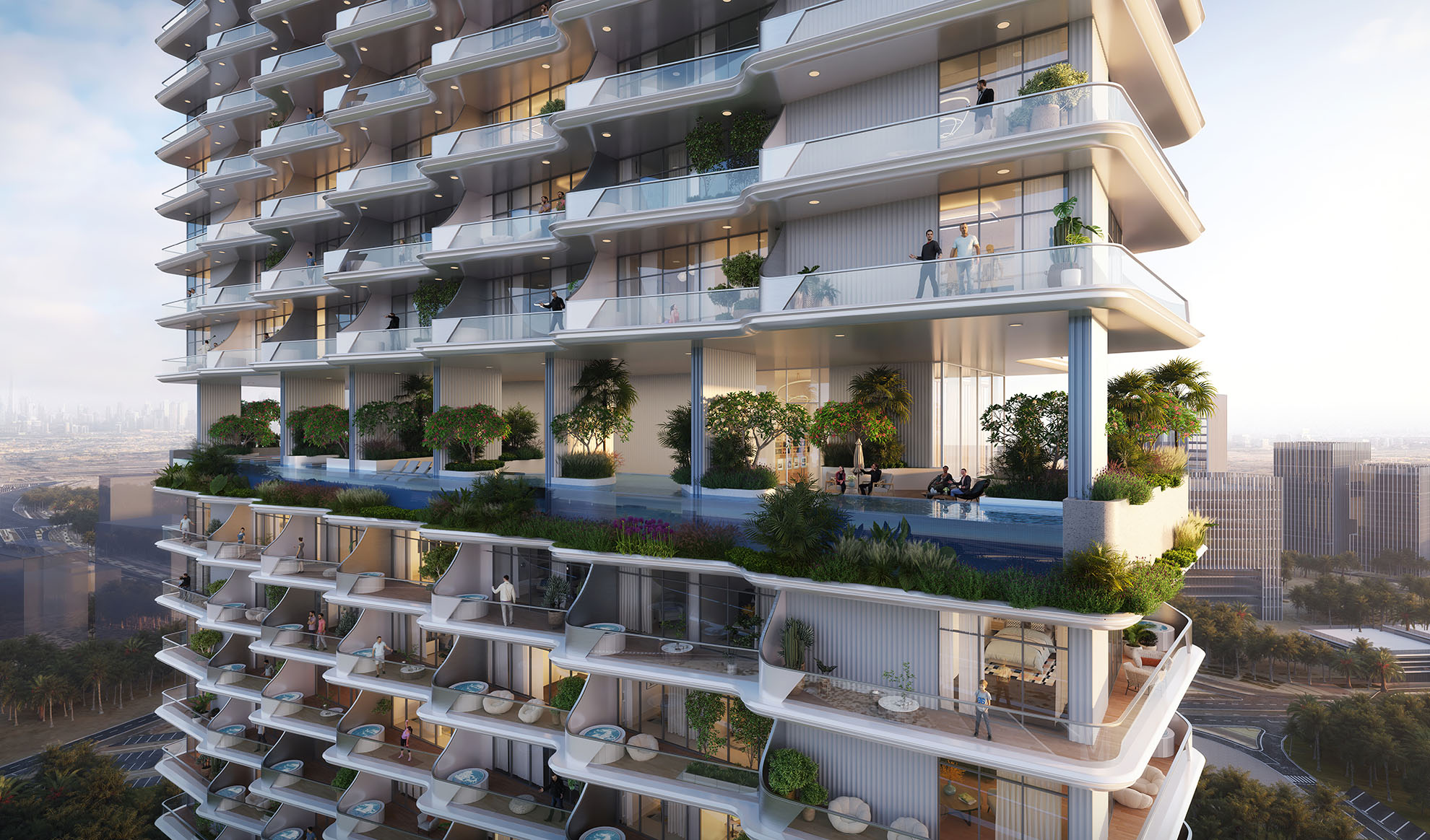 Cove By Imtiaz A modern apartment building featuring balconies with greenery, pools, and residents enjoying the view.