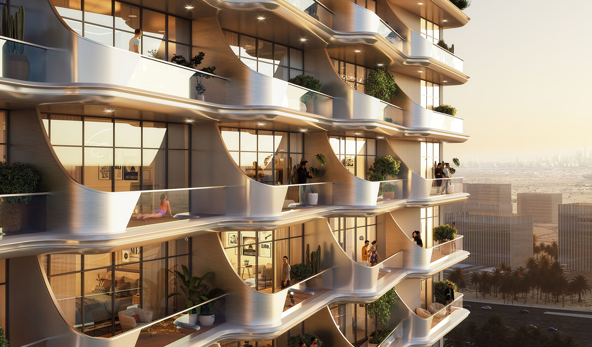 Cove By Imtiaz A modern building with unique balconies, featuring residents enjoying their spaces and city views at sunset.
