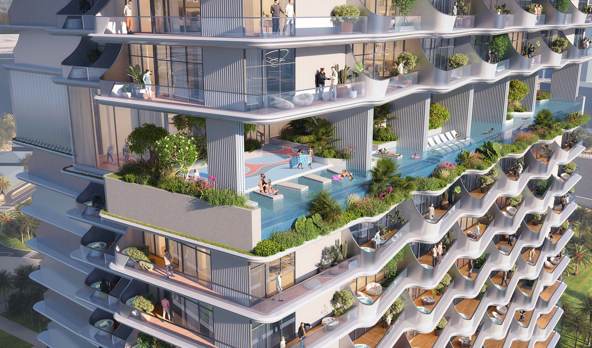 Cove By Imtiaz A modern multi-level building featuring terraces, pools, gardens, and people enjoying various activities outdoors.