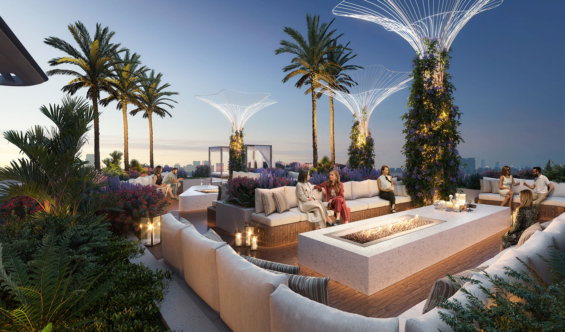 Cove By Imtiaz A stylish rooftop lounge with cozy seating areas, palm trees, and a fire pit, set against a twilight skyline.