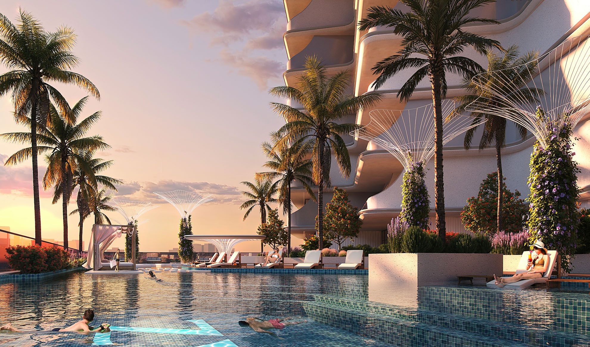 Cove By Imtiaz A luxurious pool area with palm trees, lounge chairs, and elegant cabanas, set against a sunset backdrop.