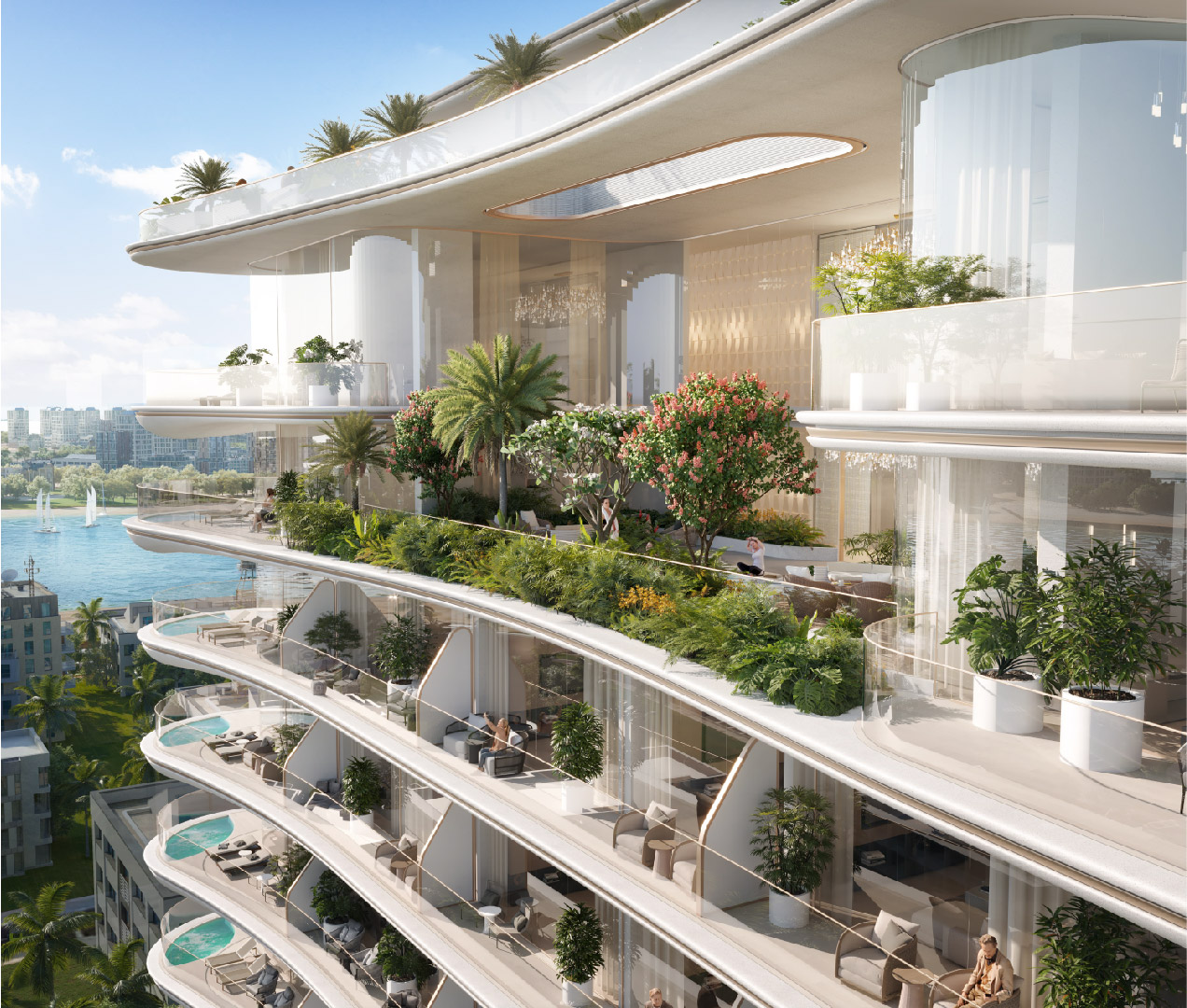 Beach Walk Iii By Imtiaz A luxury building features multiple tiers with lush greenery, modern furnishings, and waterfront views in a vibrant cityscape.