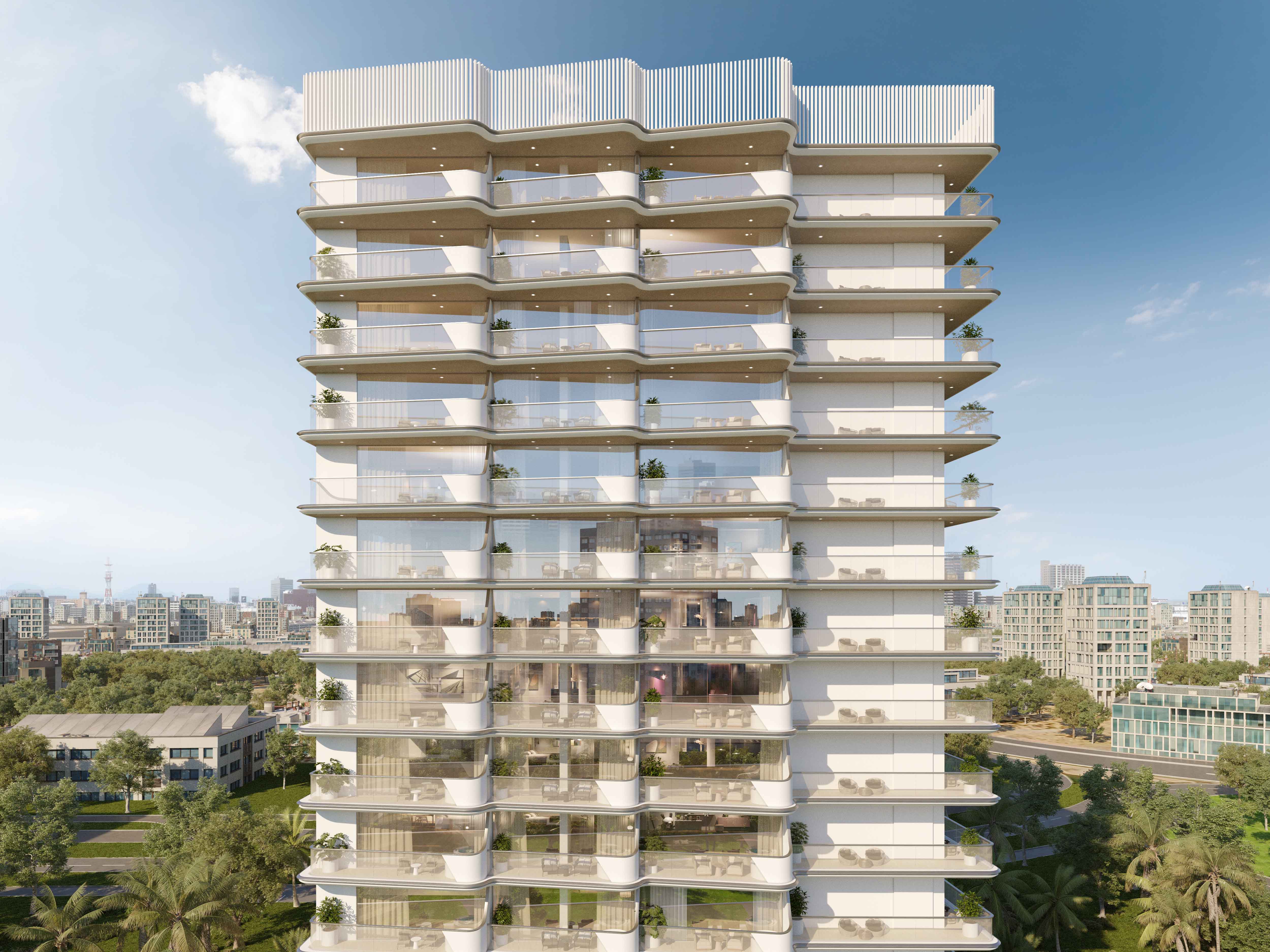 Cove Edition 2 By Imtiaz A modern residential building with multiple balconies, greenery, and a city skyline in the background.
