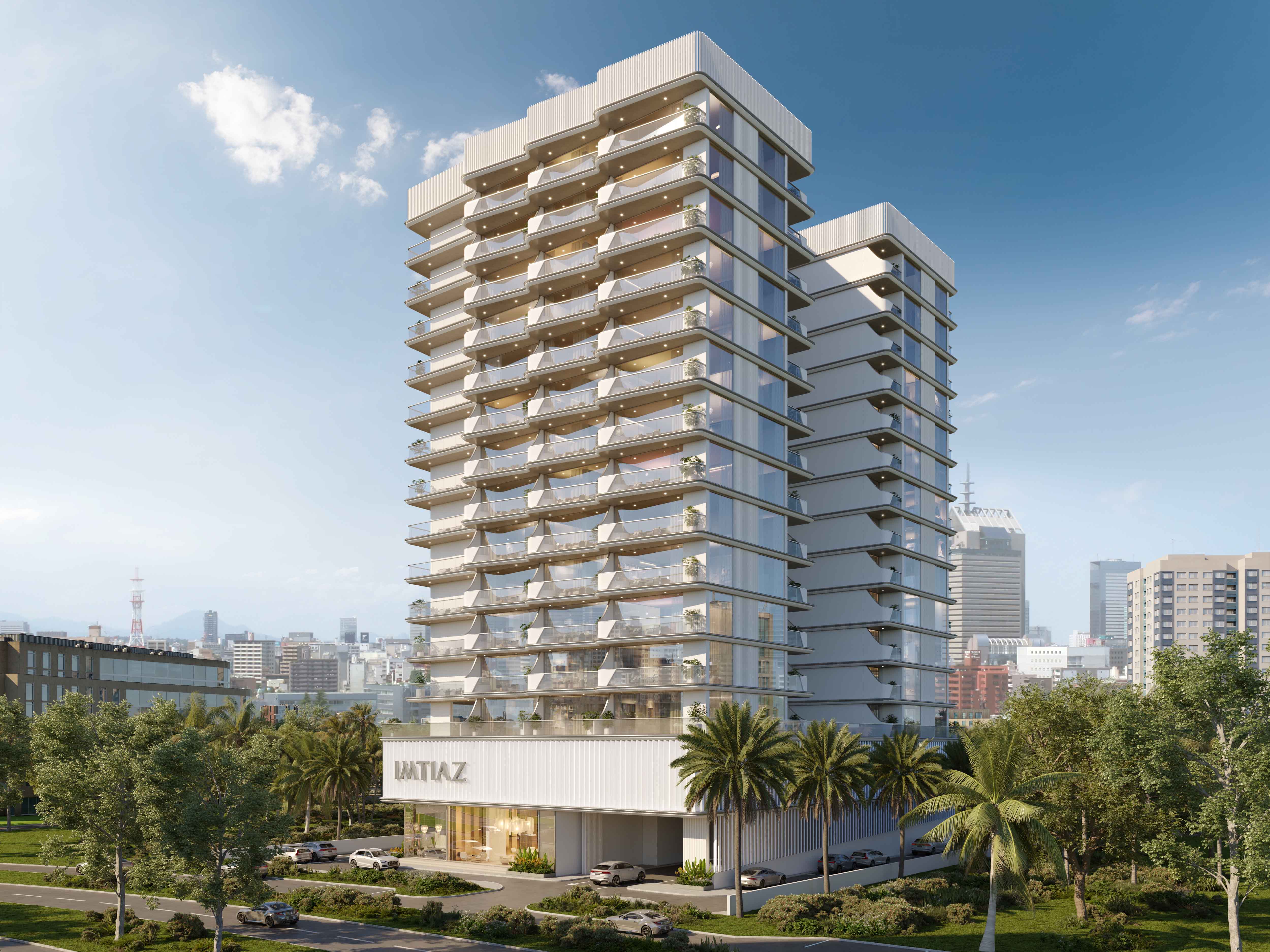 Cove Edition 2 By Imtiaz Modern multi-story apartment building with balconies, surrounded by palm trees and city skyline in the background.