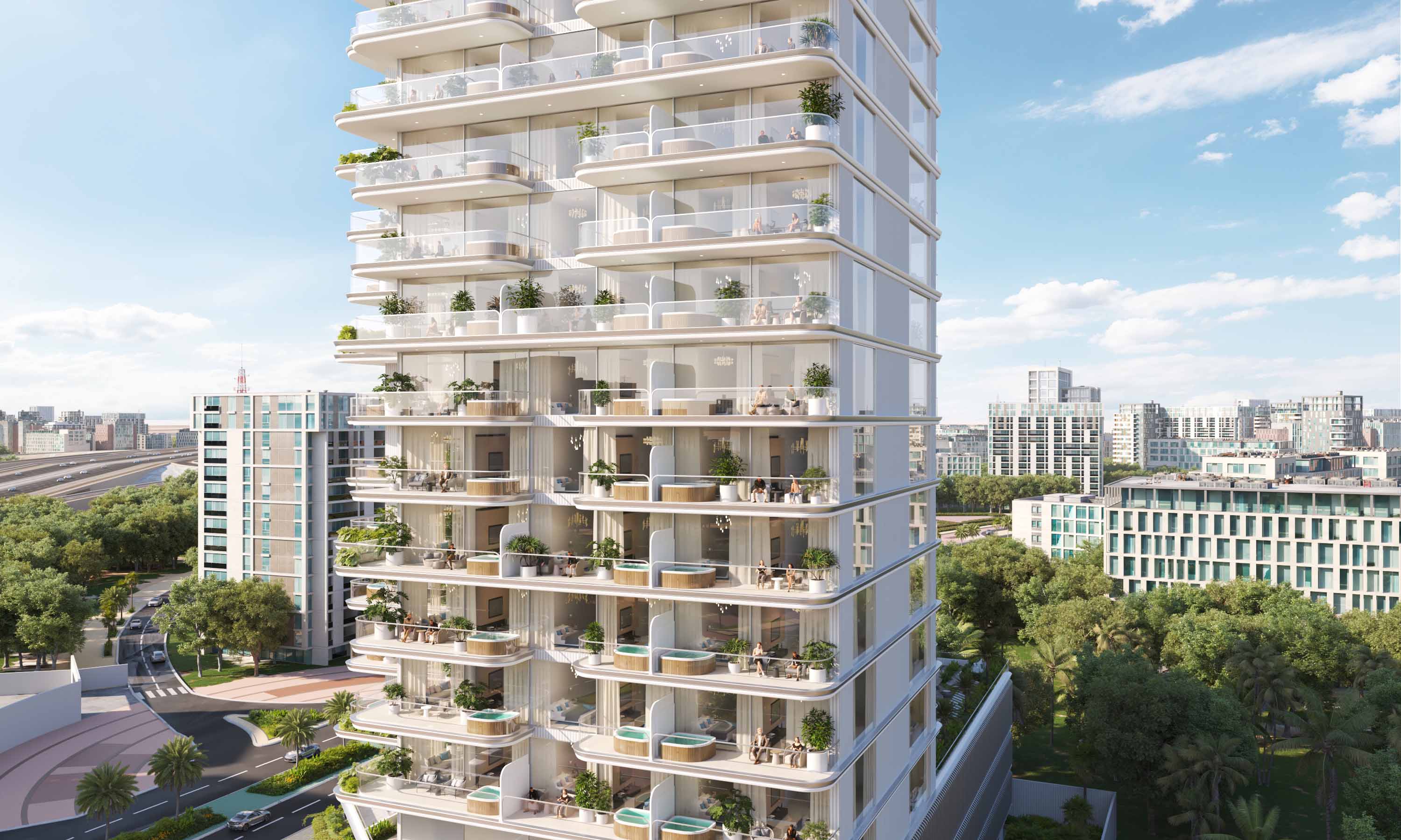 Cove Edition Iii By Imtiaz Modern residential building with balconies, greenery, and a cityscape in the background under a clear blue sky.