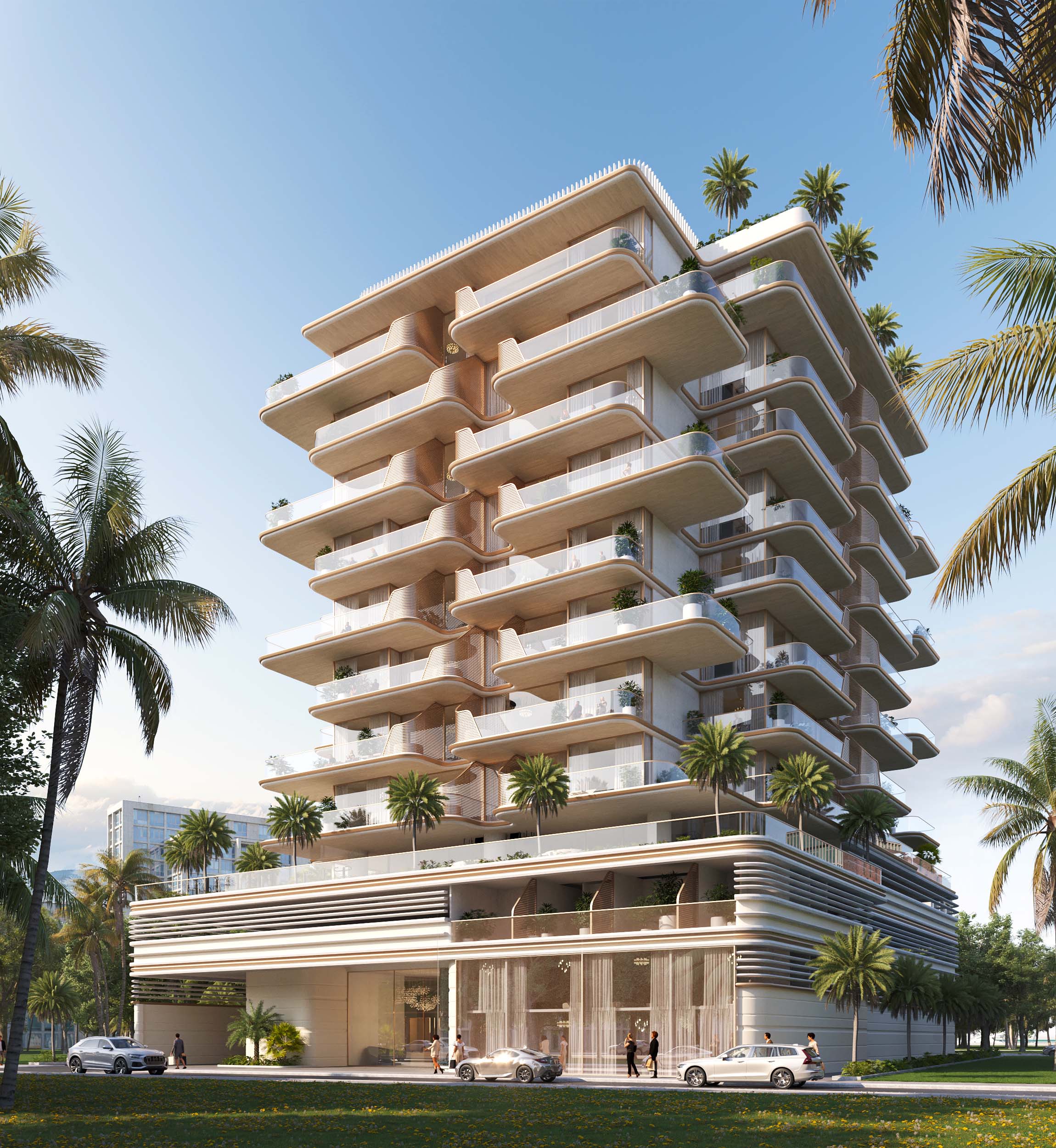 Sunset Bay 3 By Imtiaz A modern, multi-story building with balconies, palm trees, and a landscaped entrance under a clear blue sky.