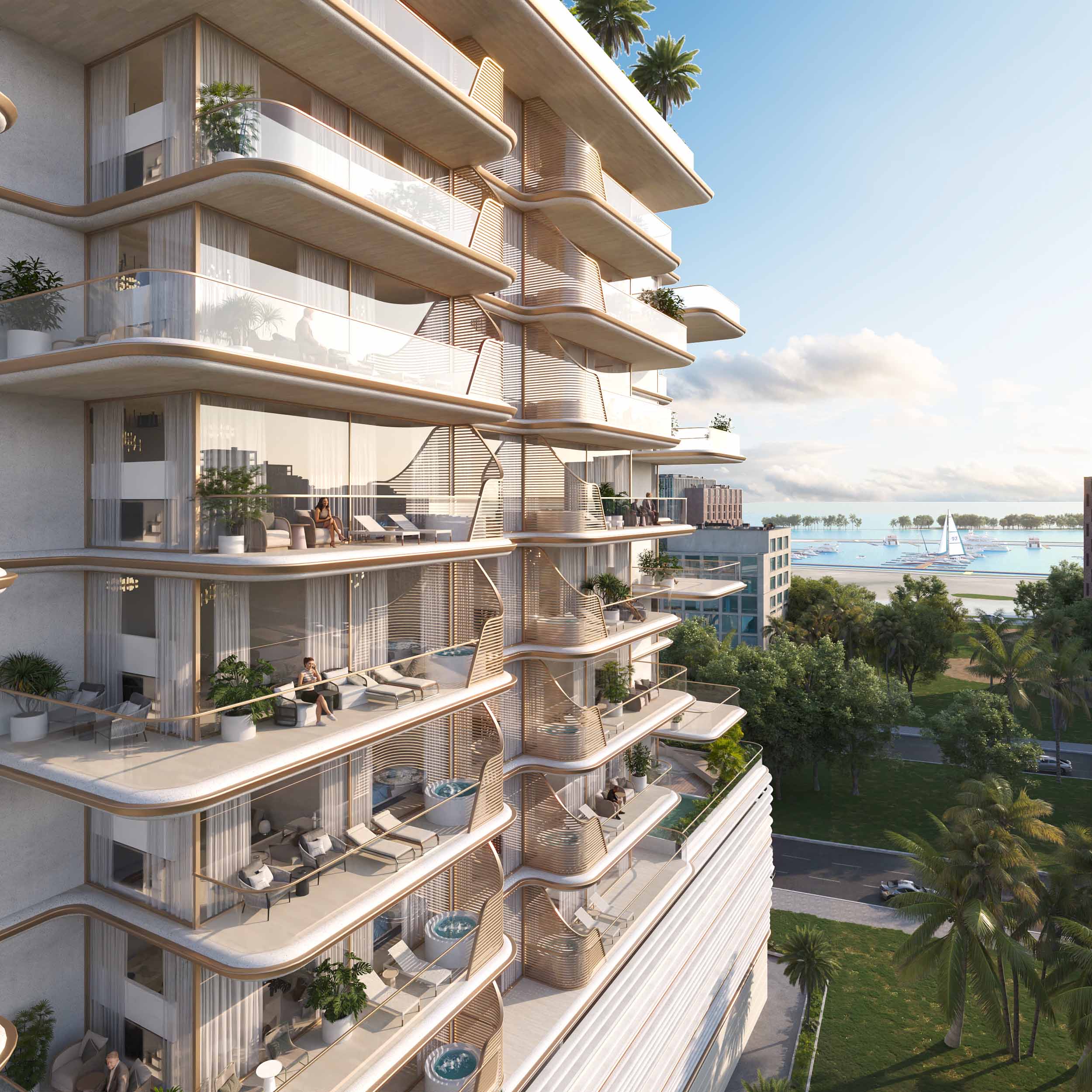 Sunset Bay 3 By Imtiaz Modern multi-story building with spacious balconies, greenery, and a view of water beyond, showcasing a serene atmosphere.