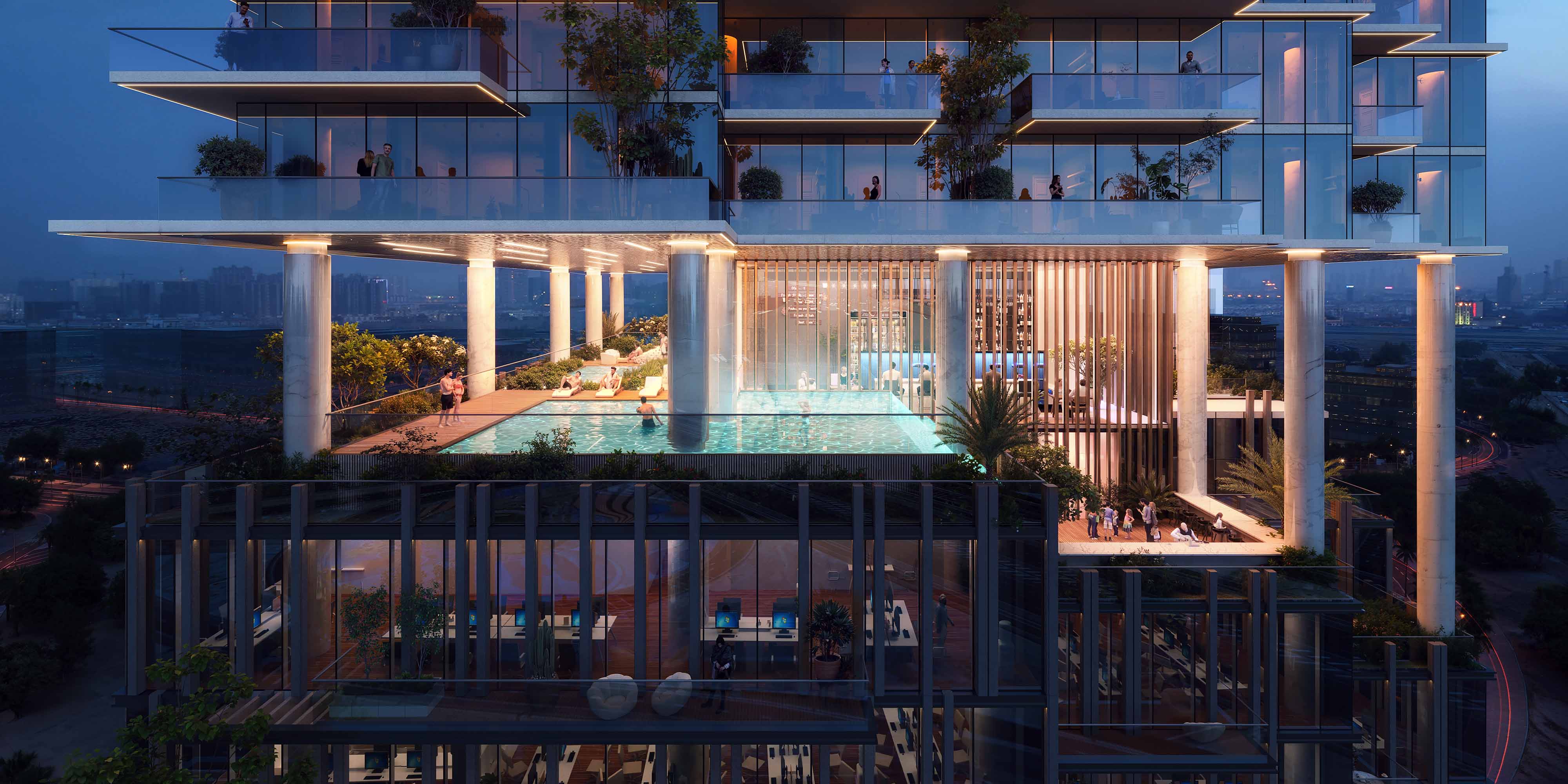 Cove Boulevard By Imtiaz A modern architectural design featuring a multi-level building with a rooftop pool, lush greenery, and outdoor spaces.