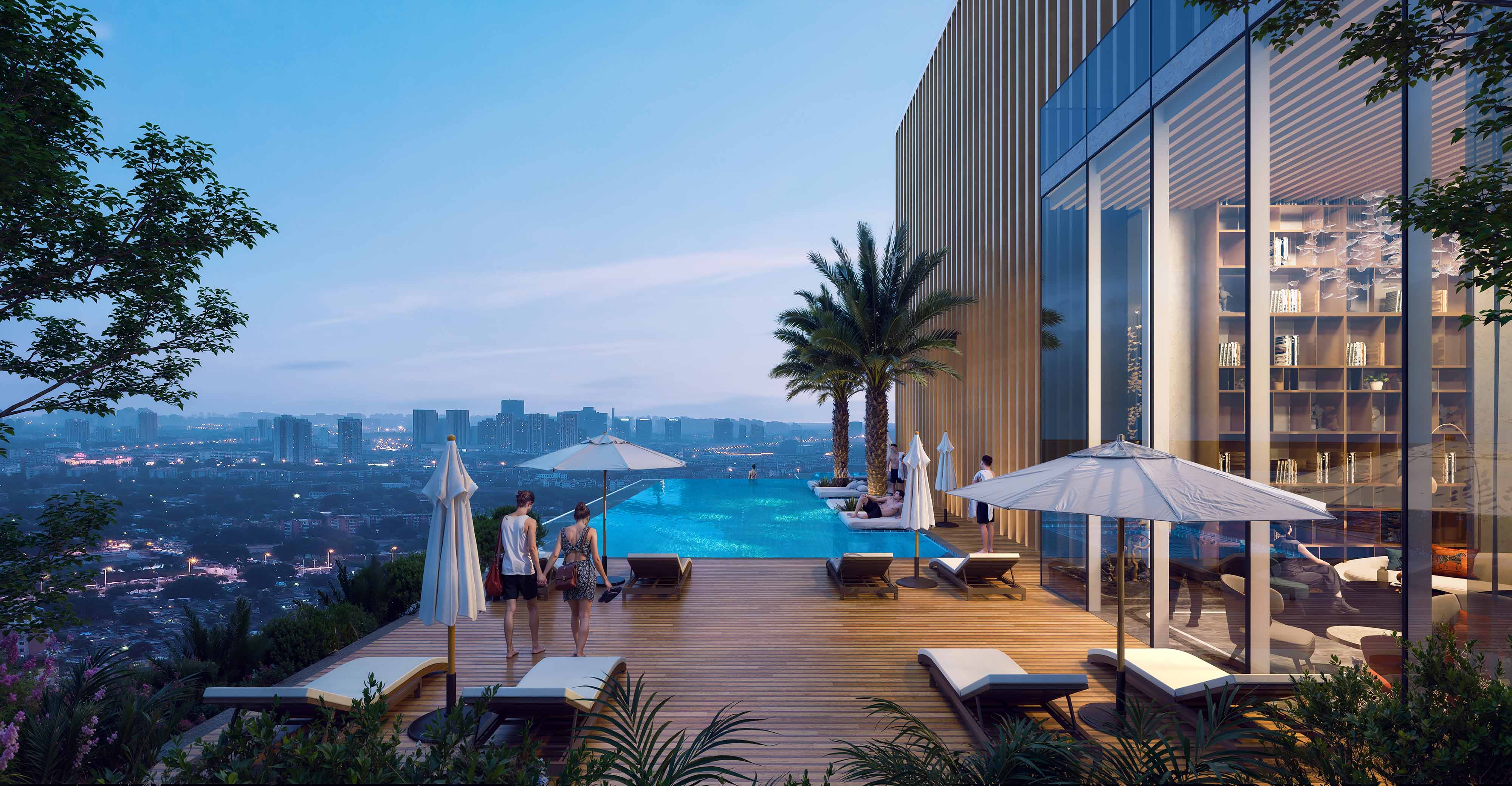Cove Boulevard By Imtiaz A luxurious pool area with loungers, palm trees, and city views, featuring people enjoying the serene atmosphere.