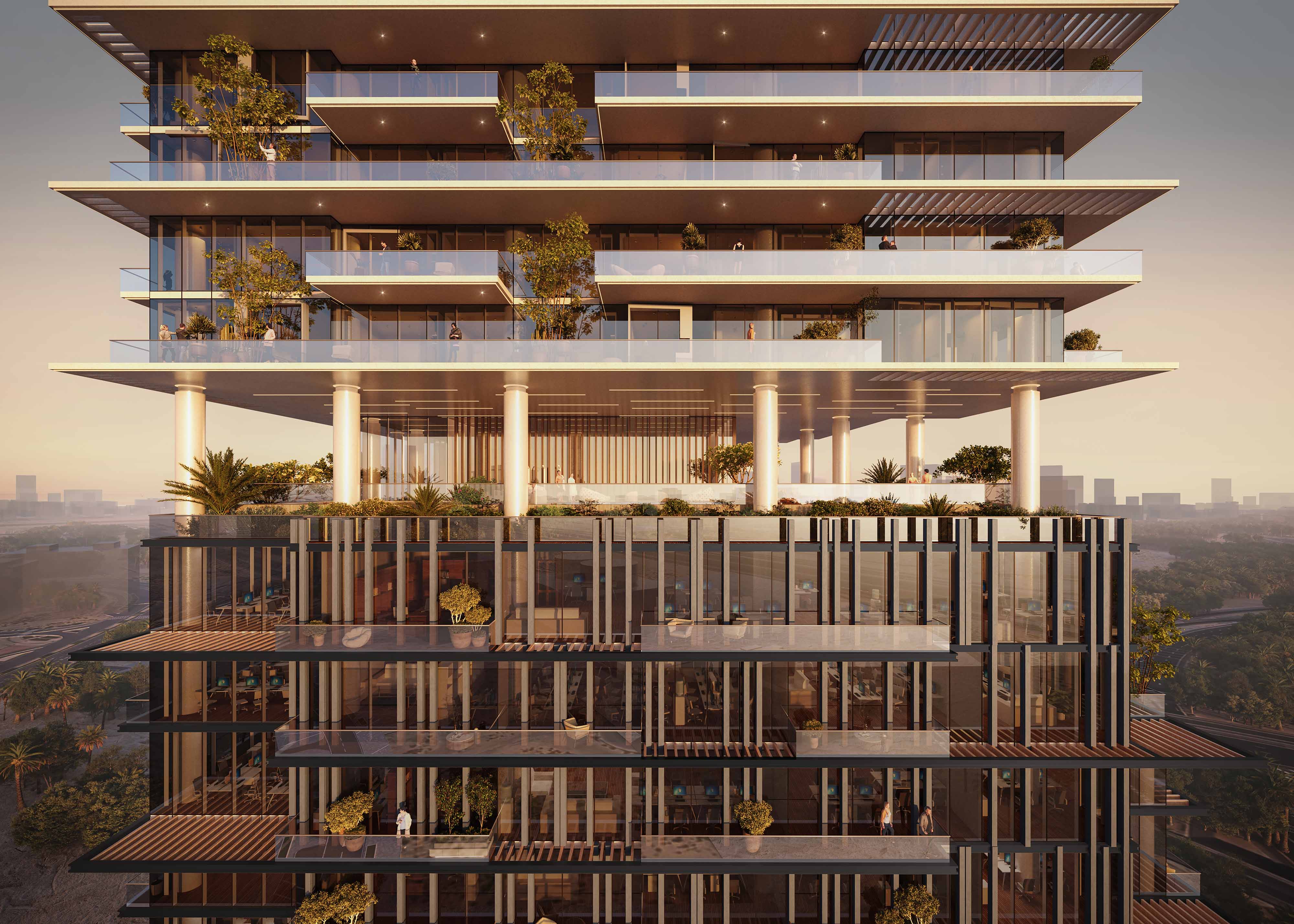 Cove Boulevard By Imtiaz A modern multi-story building featuring glass balconies, greenery, and a stylish design against a sunset backdrop.