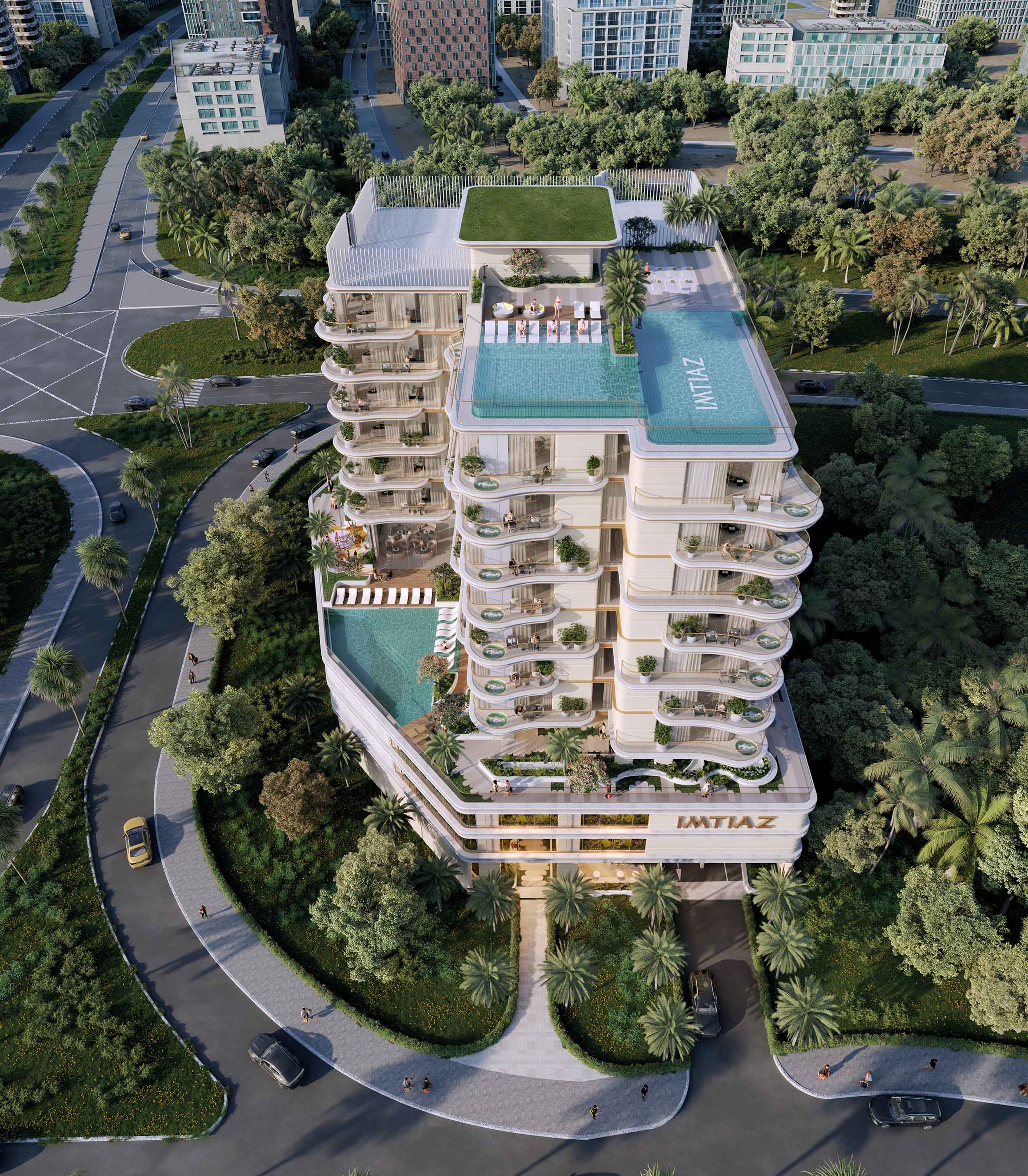 Beach Walk 4 By Imtiaz Aerial view of a modern building featuring a rooftop pool, lush greenery, and surrounding roads.