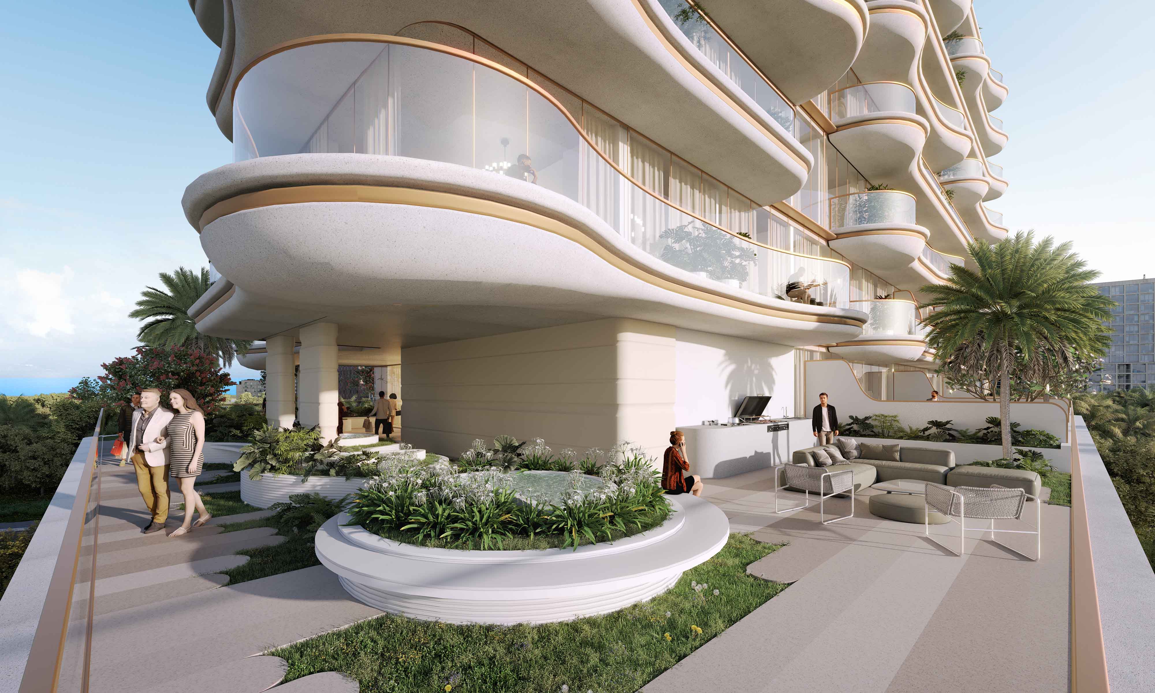 Beach Walk 4 By Imtiaz A modern architectural design featuring a landscaped balcony with seating, people walking, and lush greenery.