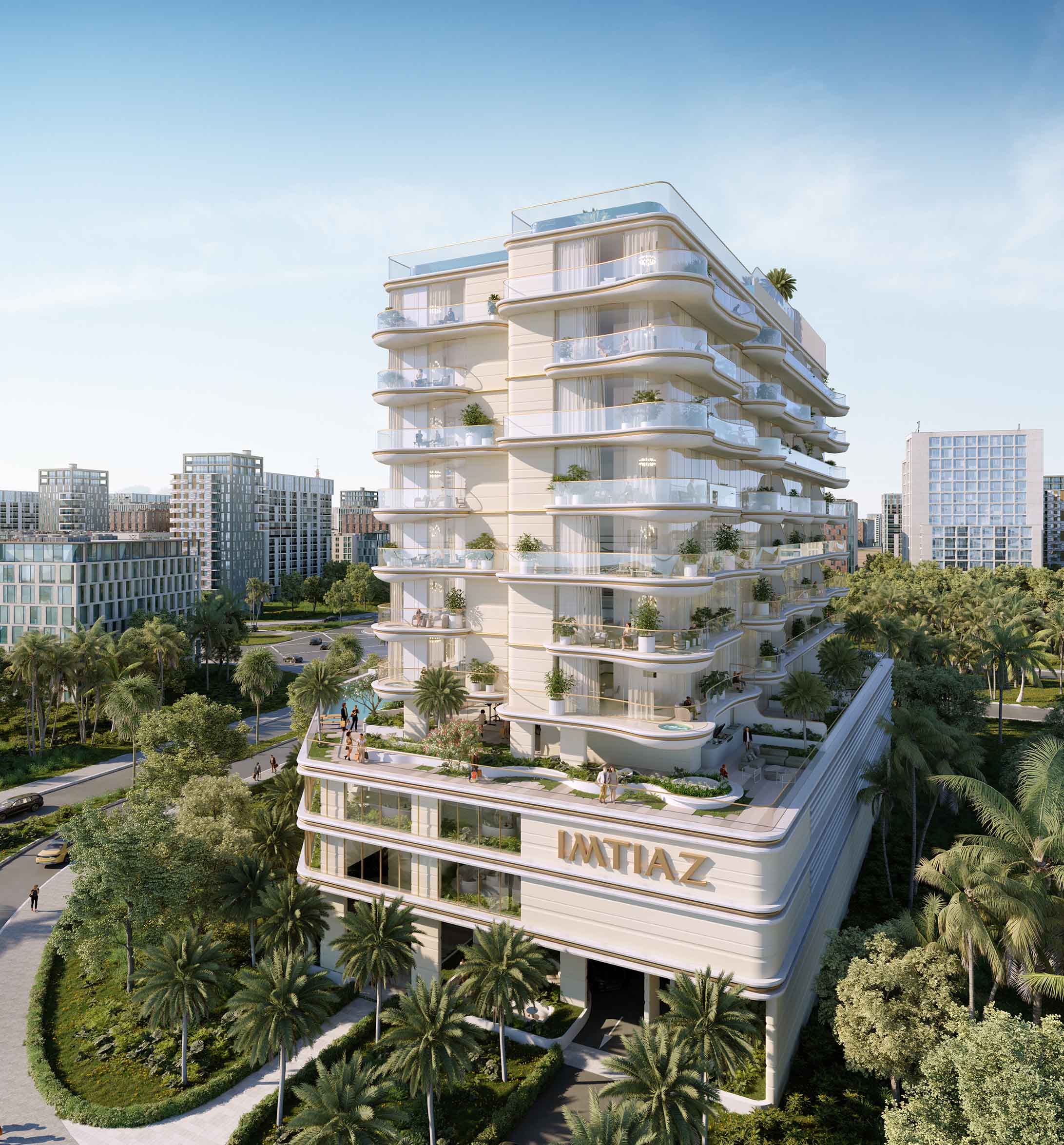 Beach Walk 4 By Imtiaz A modern multi-story building with balconies and greenery, surrounded by urban landscape and palm trees.