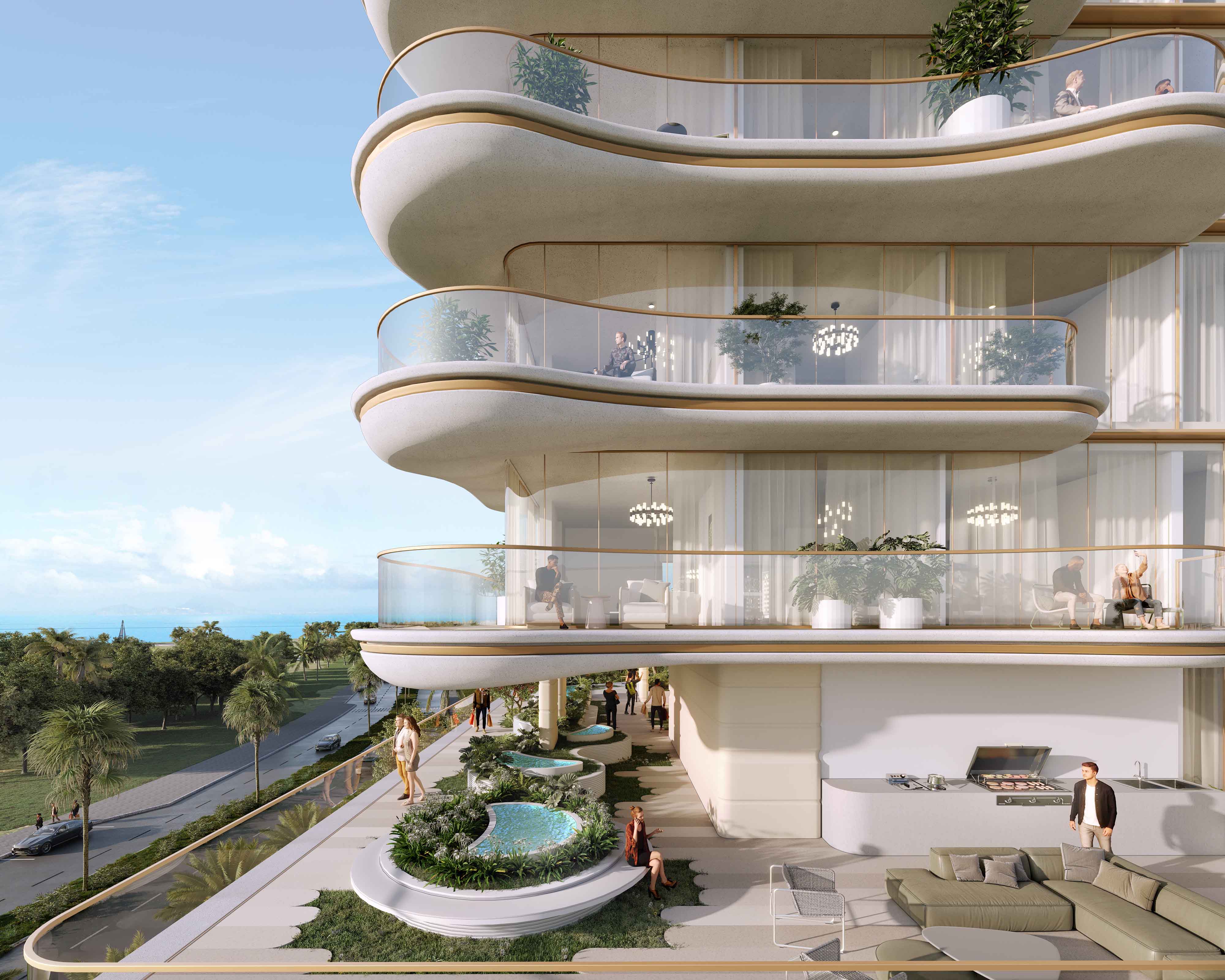Beach Walk 4 By Imtiaz A modern building with curved balconies, outdoor seating, and greenery, overlooking a serene landscape and sky.