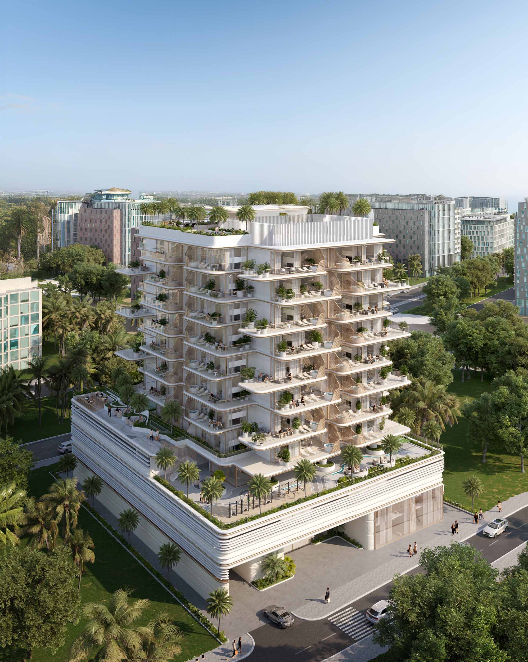 Sunset Bay 4 By Imtiaz Modern multi-story building with greenery, terraces, and surrounding palm trees, set in an urban landscape.