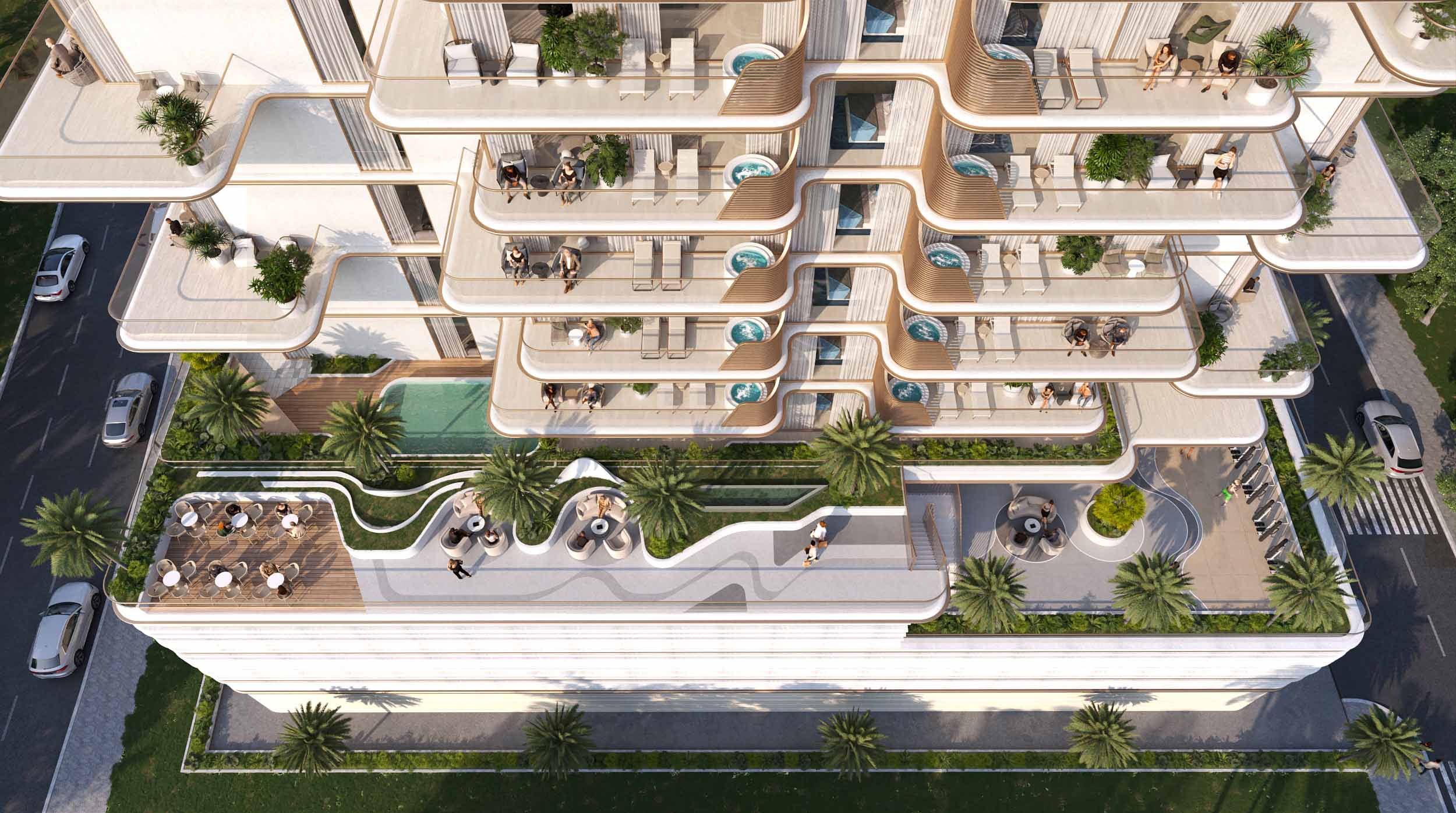 Sunset Bay 4 By Imtiaz A modern multi-story building with terraces, greenery, a rooftop pool, and people enjoying the outdoor spaces.