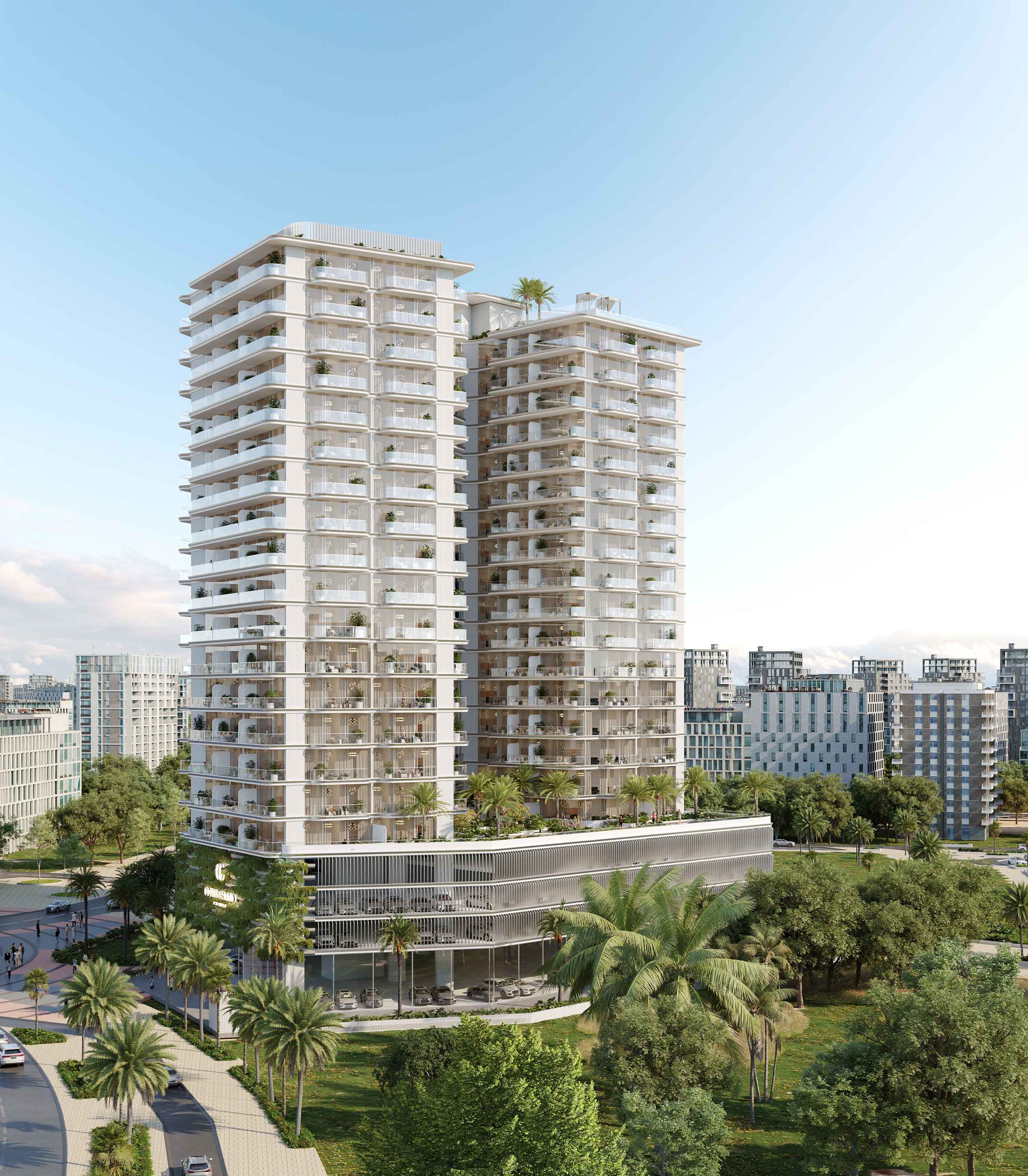 Cove Grand By Imtiaz Modern residential buildings with balconies, set in a landscaped area featuring palm trees and green spaces.