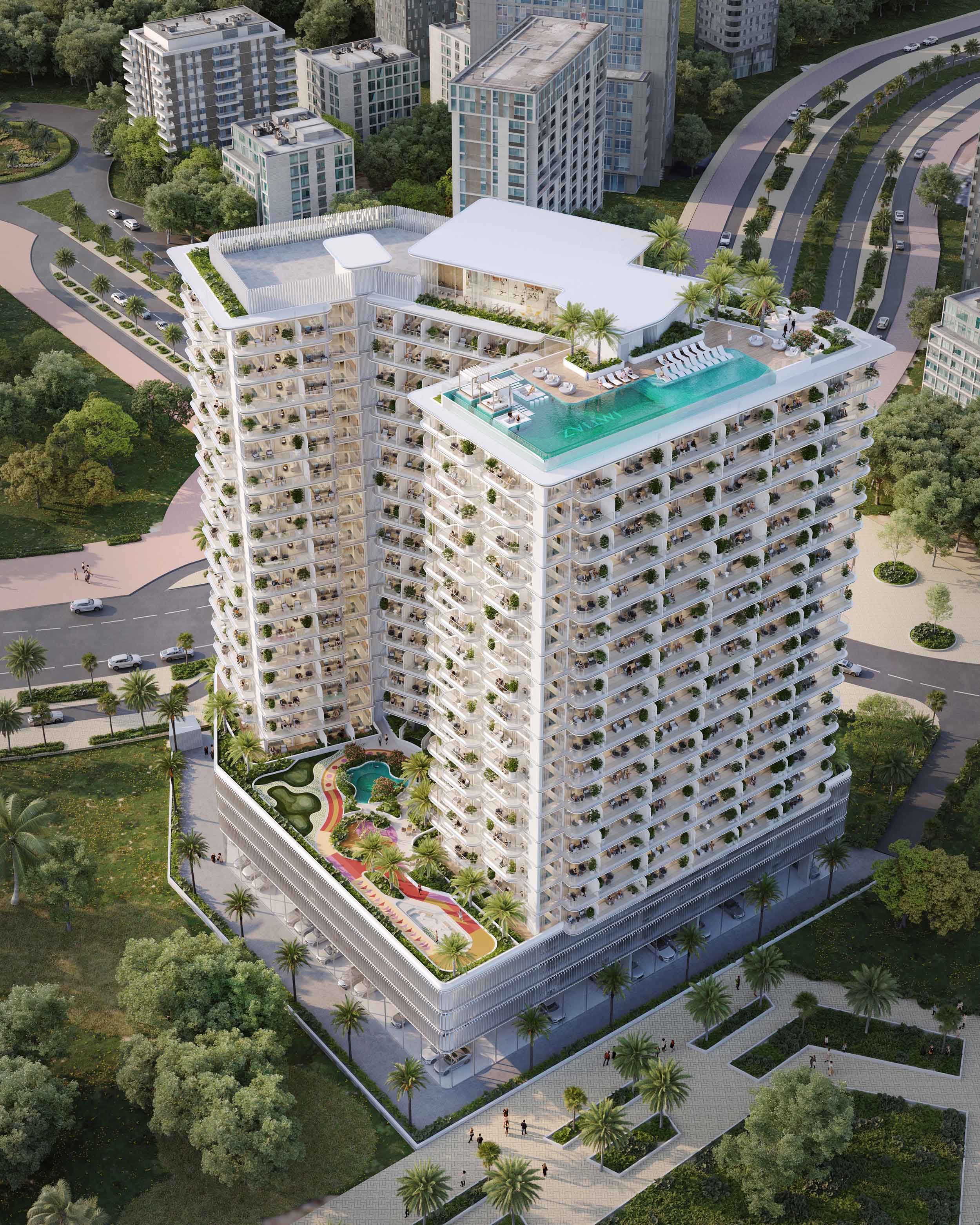 Cove Grand By Imtiaz A modern multi-story building features a rooftop pool and landscaped gardens, surrounded by greenery and pathways.