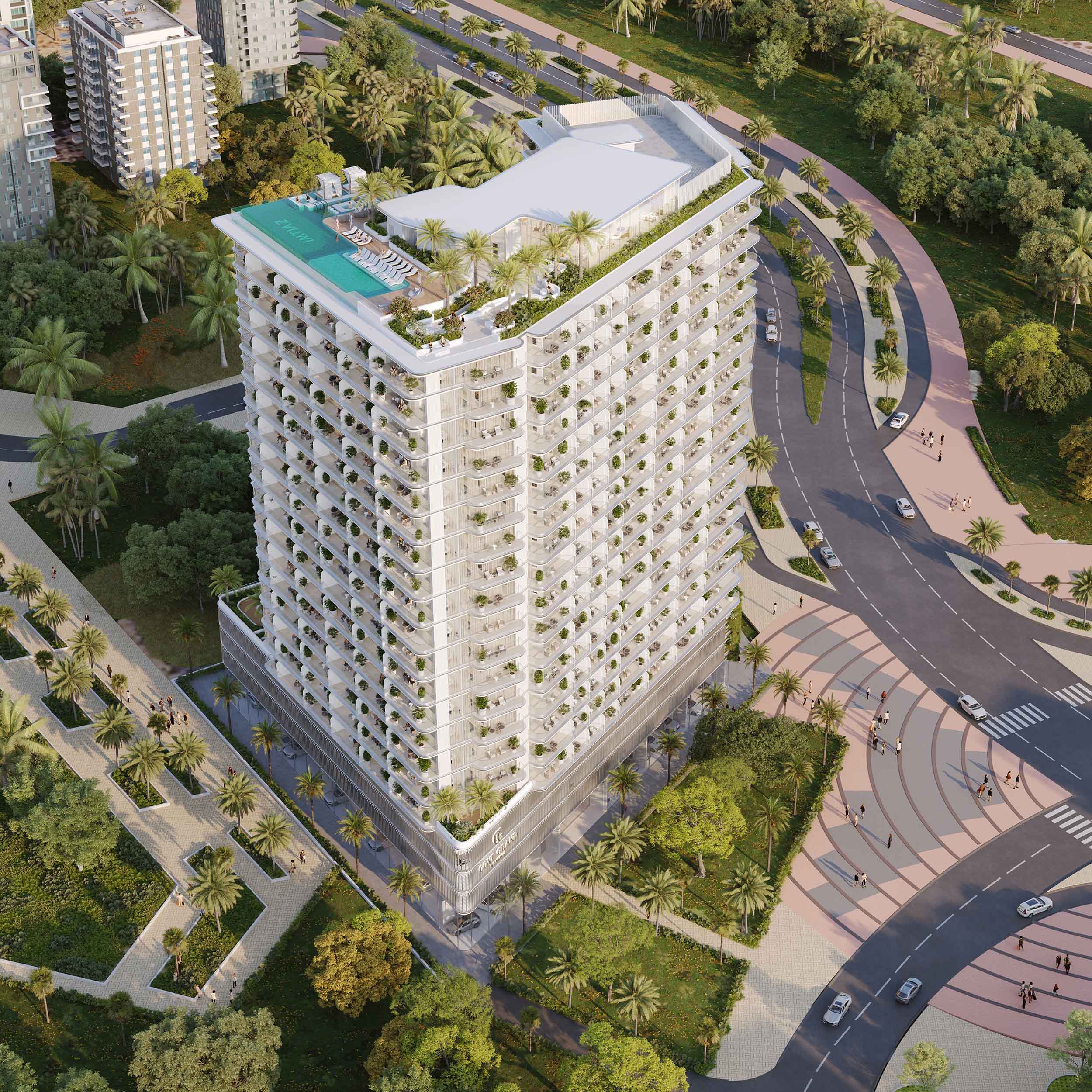 Cove Grand By Imtiaz Aerial view of a modern residential building surrounded by greenery and palm trees, featuring a rooftop pool.