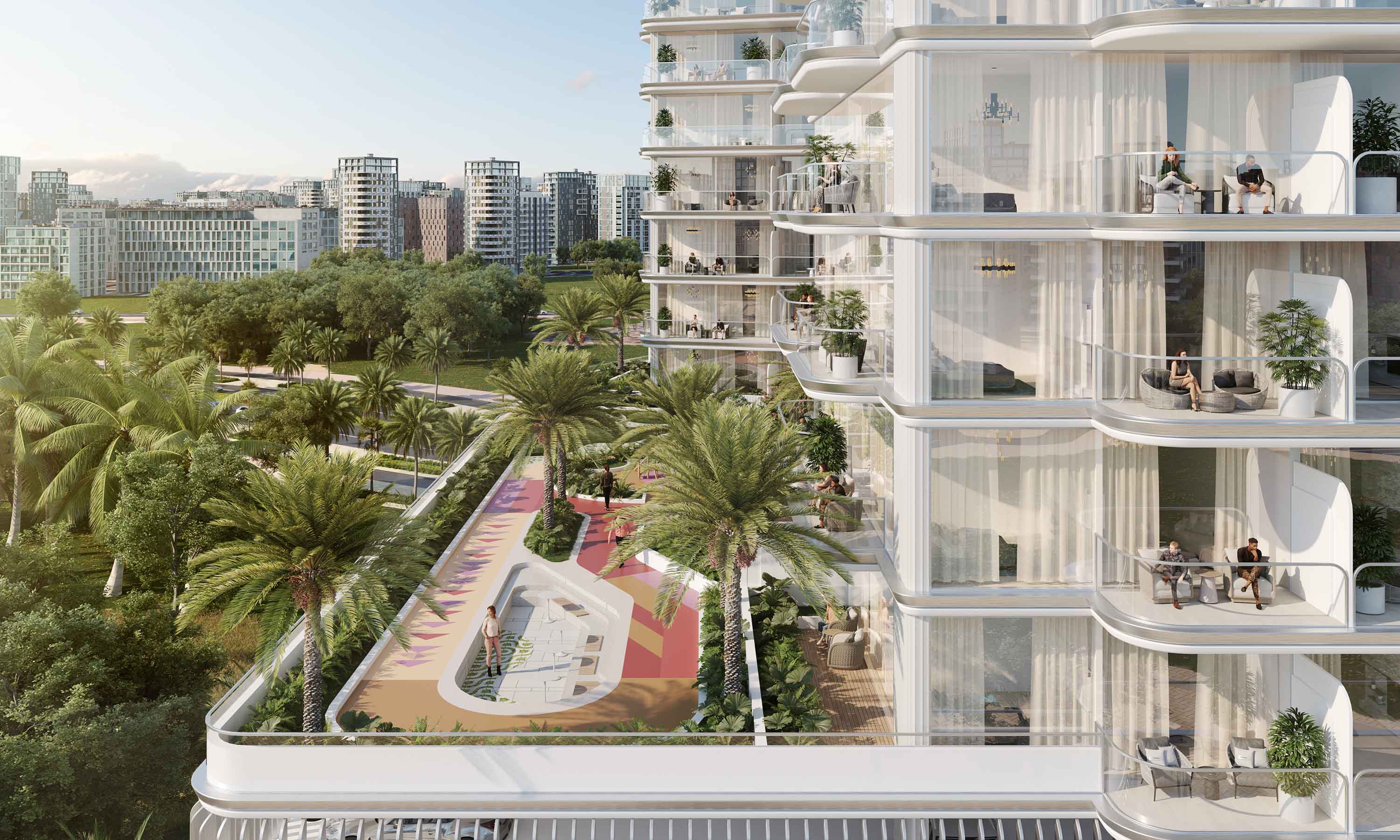Cove Grand By Imtiaz A modern residential building featuring balconies, palm trees, and landscaped areas with people relaxing outdoors.