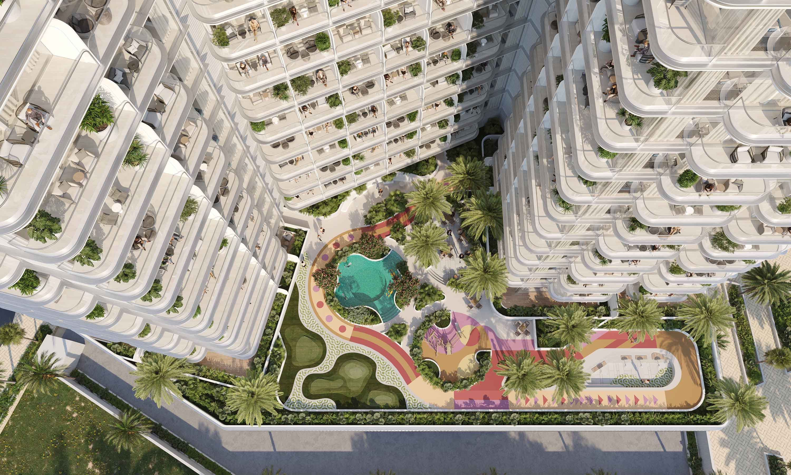 Cove Grand By Imtiaz Aerial view of modern residential buildings with balconies, surrounding lush gardens, pools, and vibrant pathways.