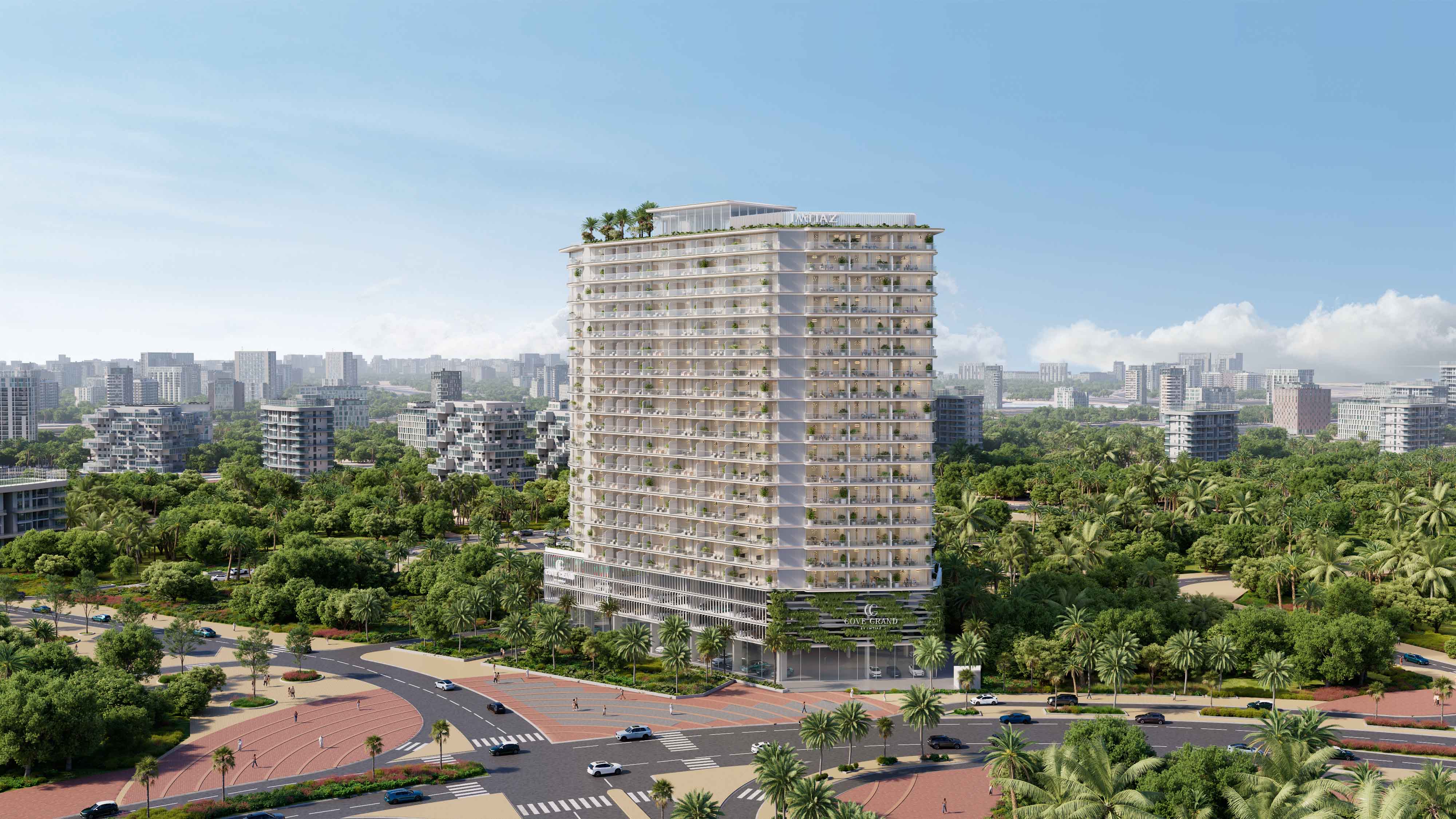 Cove Grand By Imtiaz A modern high-rise building surrounded by lush greenery and cityscape in the background, showcasing urban architecture.