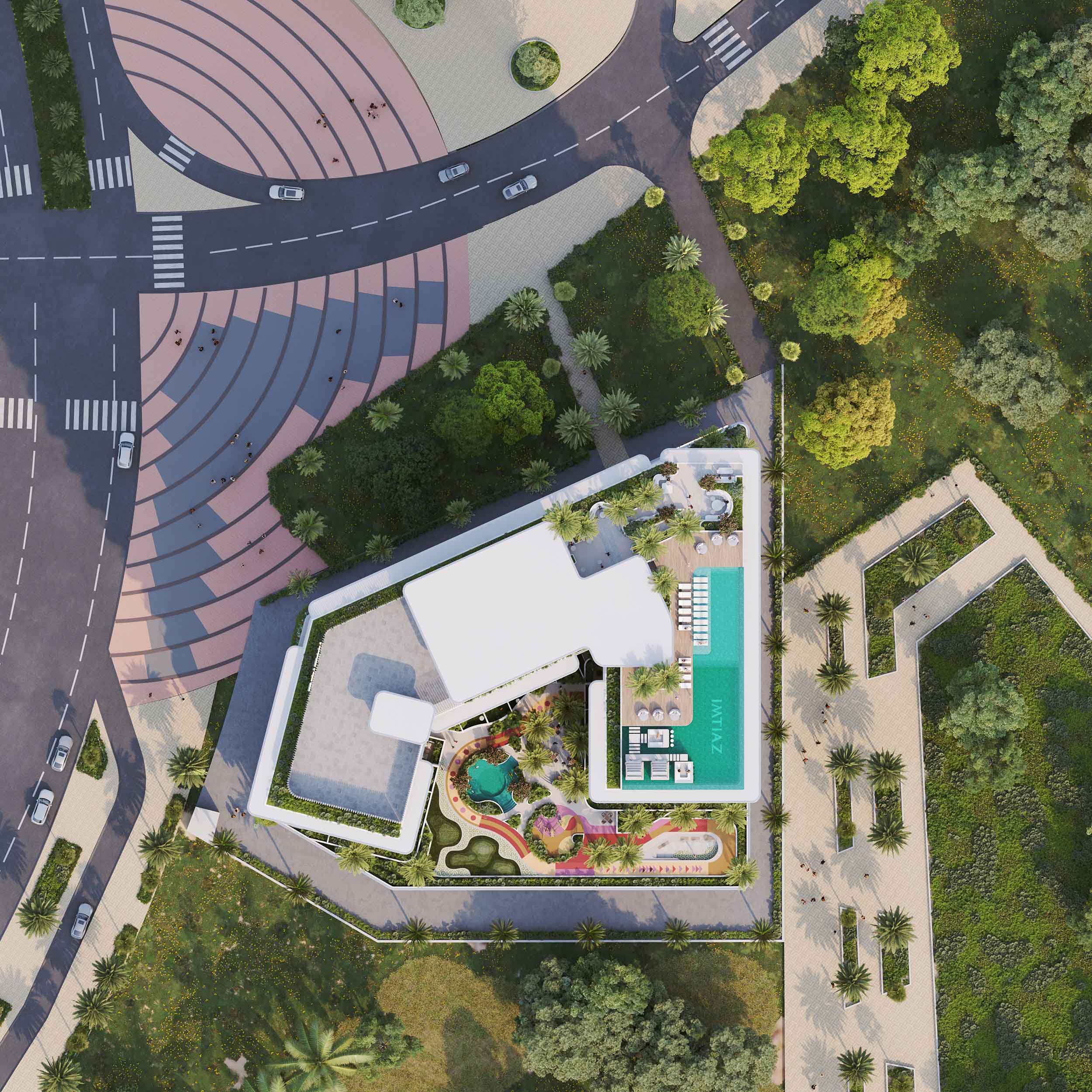 Cove Grand By Imtiaz Aerial view of a modern resort featuring a pool, landscaped gardens, and surrounding streets with vehicles.