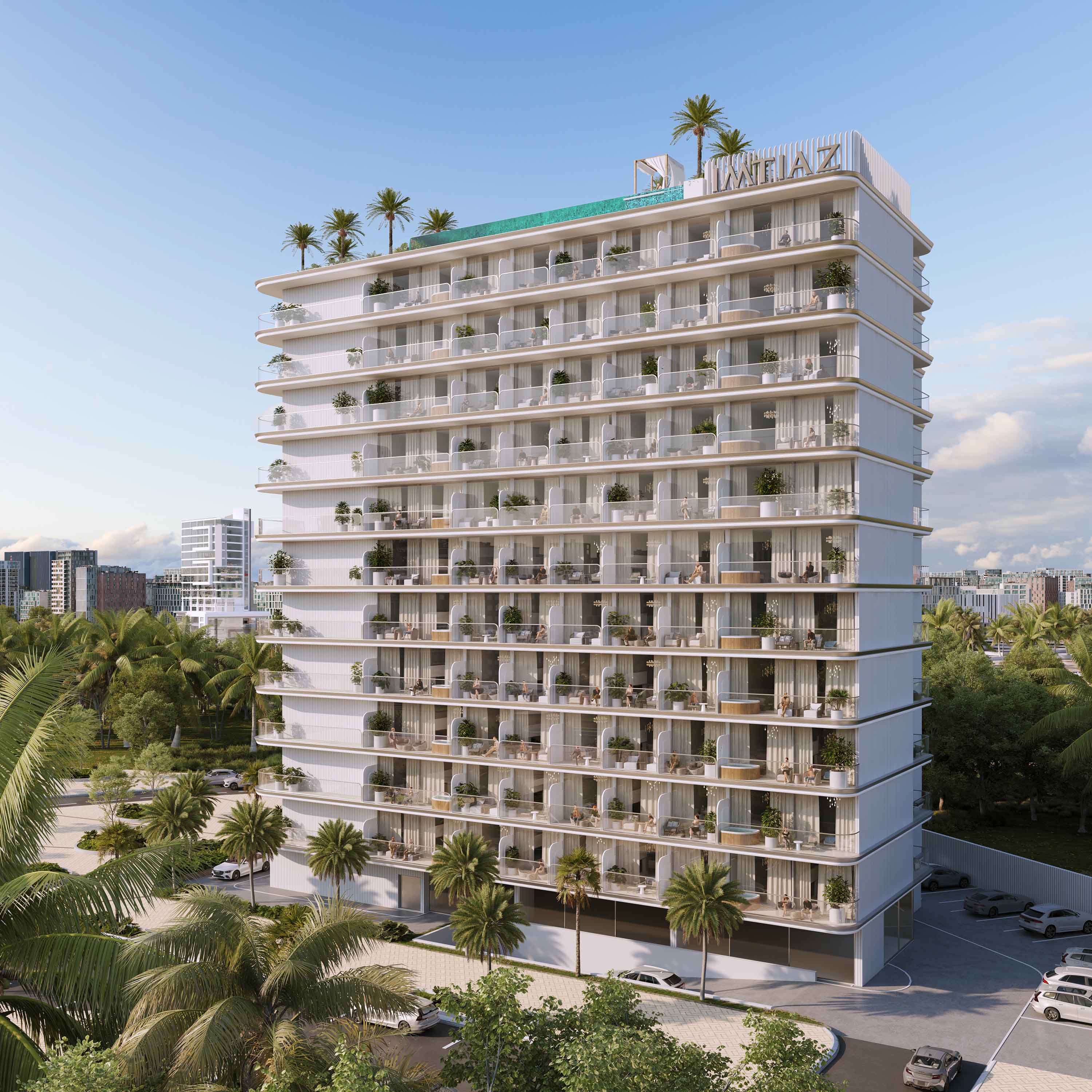 Cove Edition 5 By Imtiaz A modern multi-story building with balconies, surrounded by palm trees and cityscape in the background.