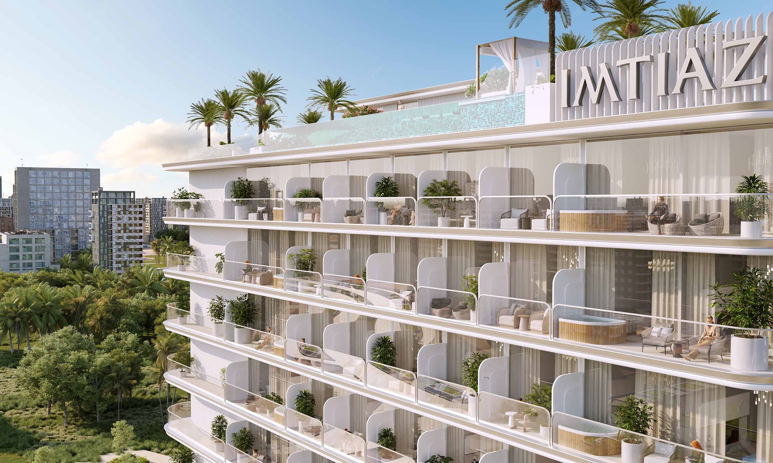 Cove Edition 5 By Imtiaz Modern multi-story building with balconies, greenery, palm trees, and a rooftop pool under a clear sky.