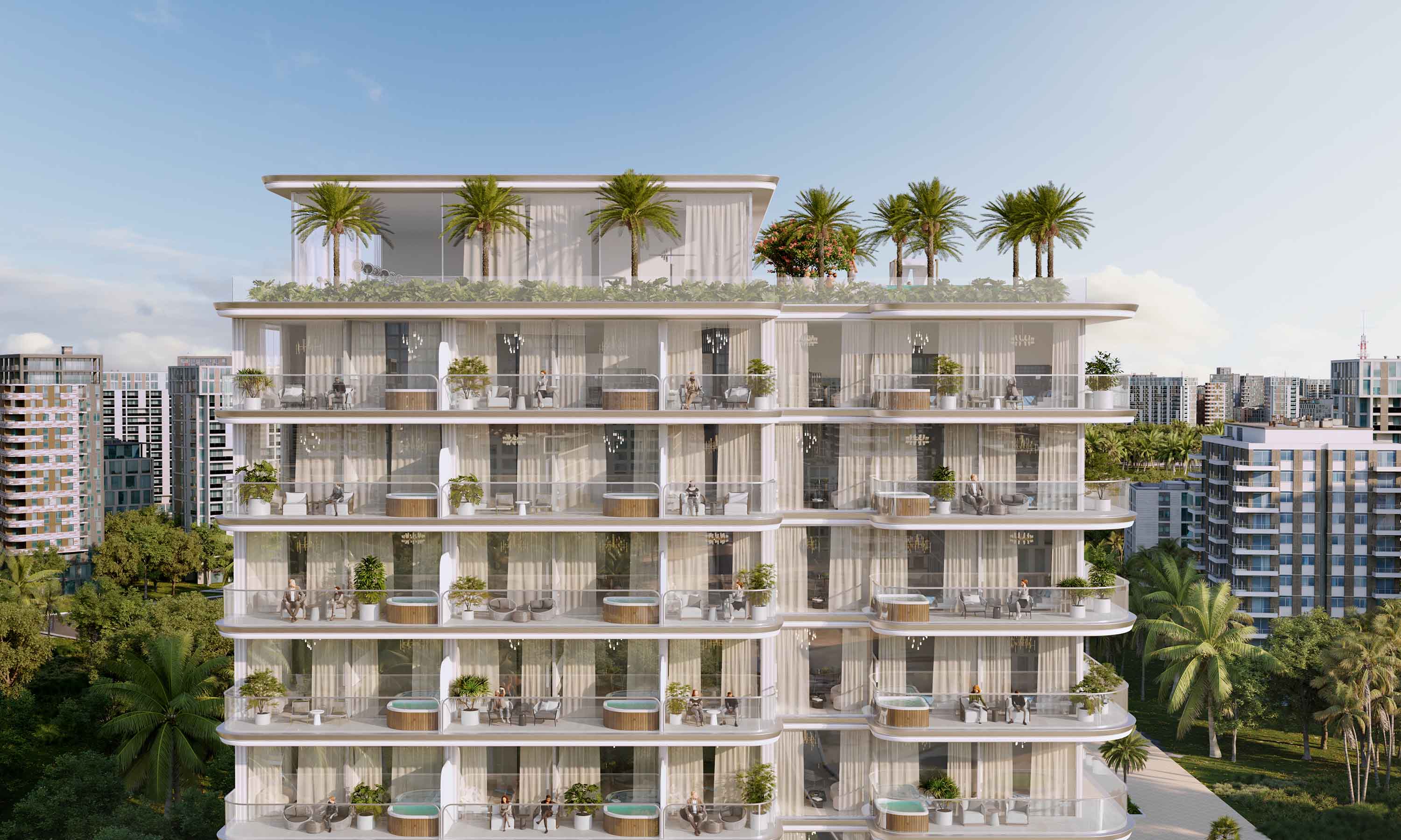 Cove Edition 5 By Imtiaz A modern multi-story building featuring balconies, greenery, and surrounding cityscape with palm trees.