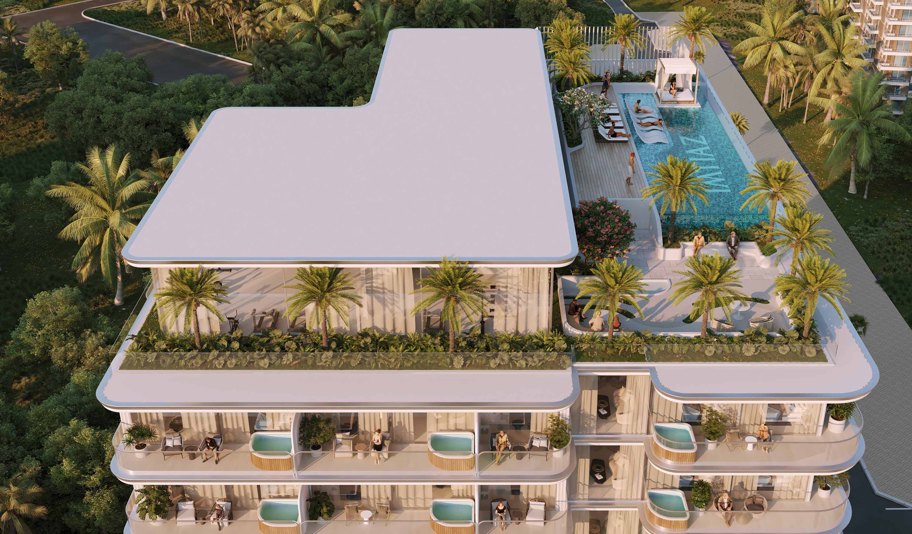 Cove Edition 5 By Imtiaz Aerial view of a modern building with balconies, palm trees, and a pool area surrounded by lush greenery.