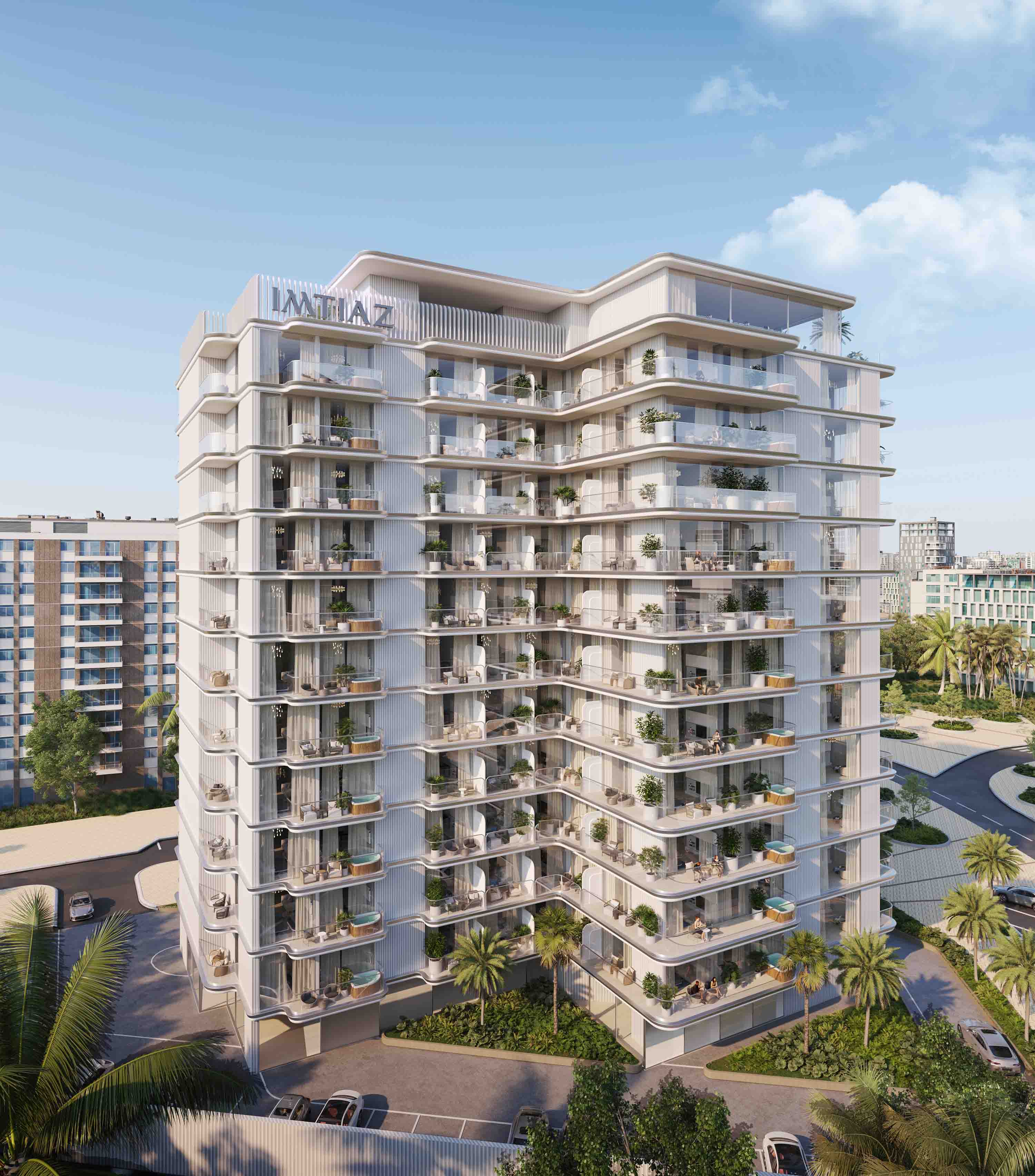 Cove Edition 5 By Imtiaz A modern multi-story residential building with balconies, surrounded by palm trees and greenery, under a clear blue sky.