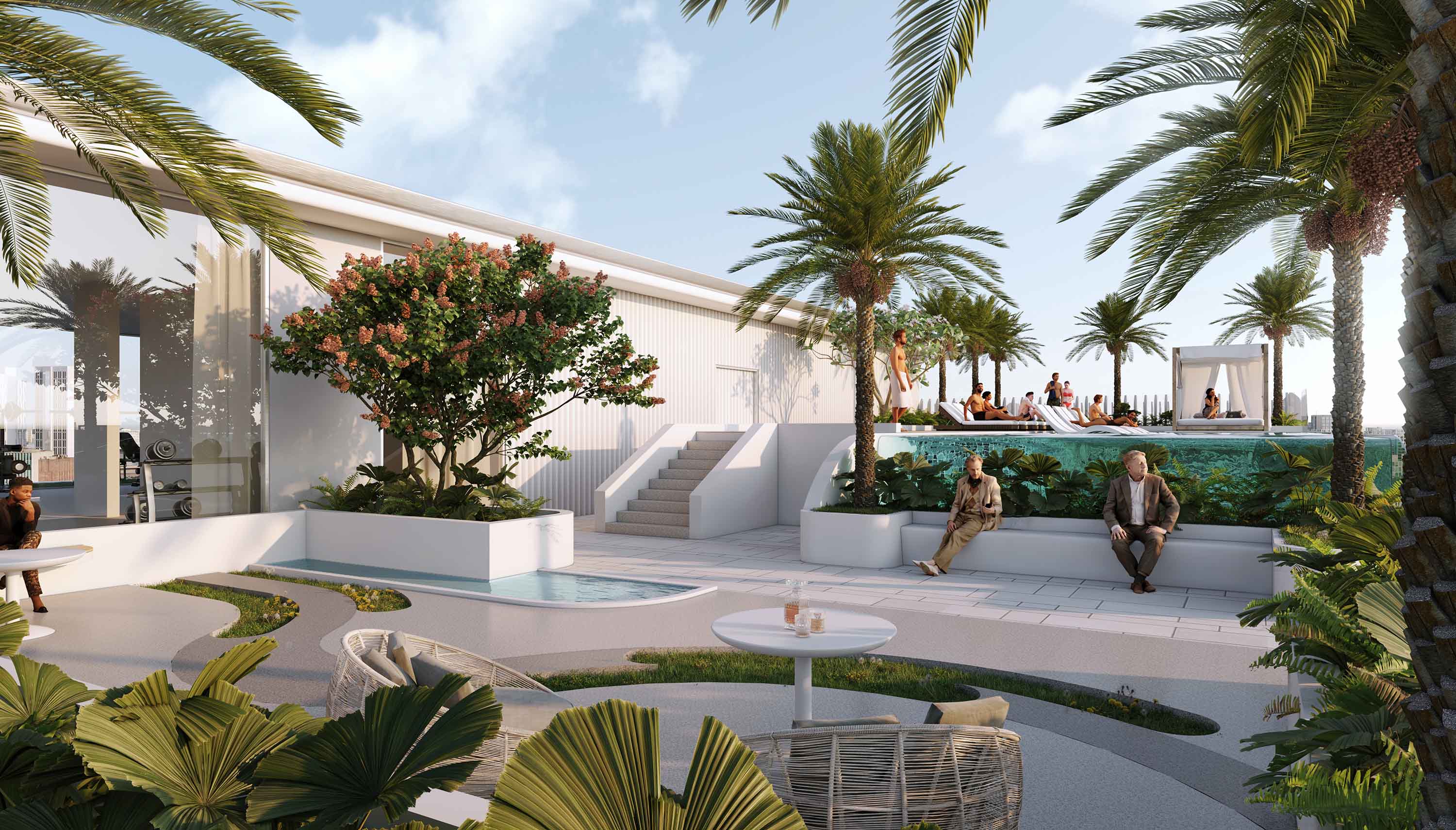Cove Edition 5 By Imtiaz A modern outdoor space featuring a pool, lush greenery, palm trees, and people relaxing in lounge settings.